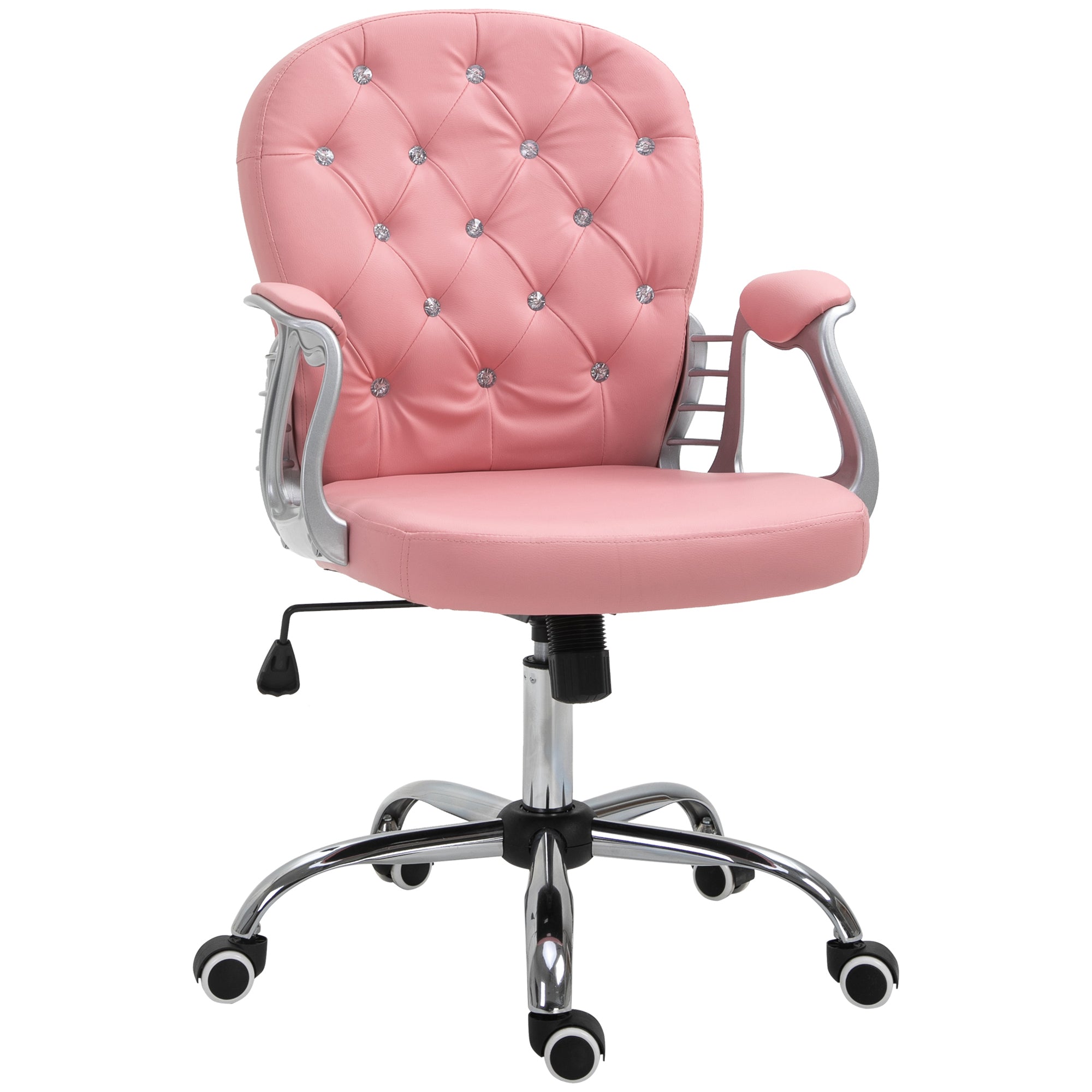 Vinsetto Office Chair Ergonomic 360° Swivel PU Diamante Padded Base 5 Castor Wheels for Home Work Pink - North Peak Garden Furniture