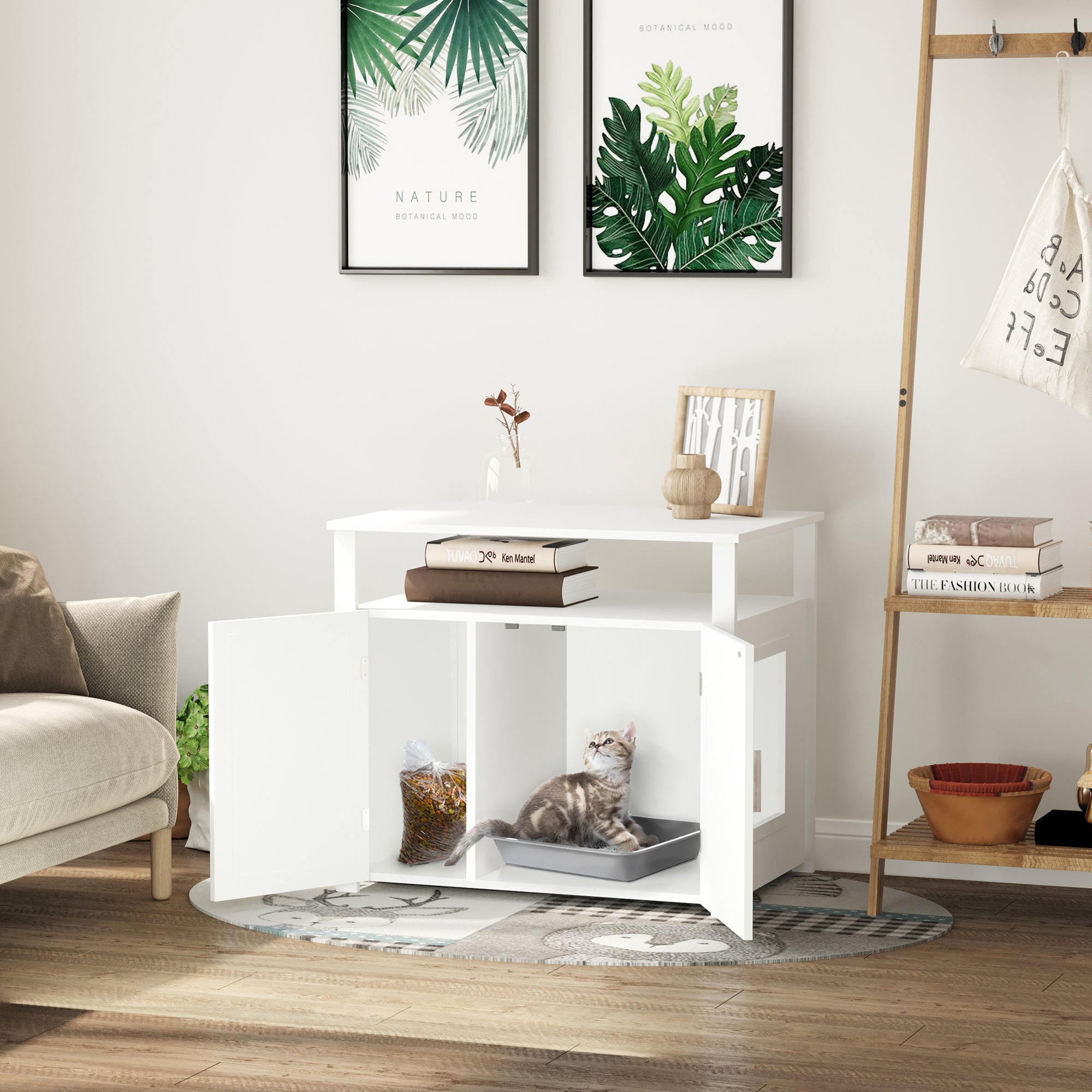 PawHut Wooden Cat Litter Box Enclosure Furniture with Adjustable Interior Wall & Large Tabletop for Nightstand, White - North Peak Garden Furniture
