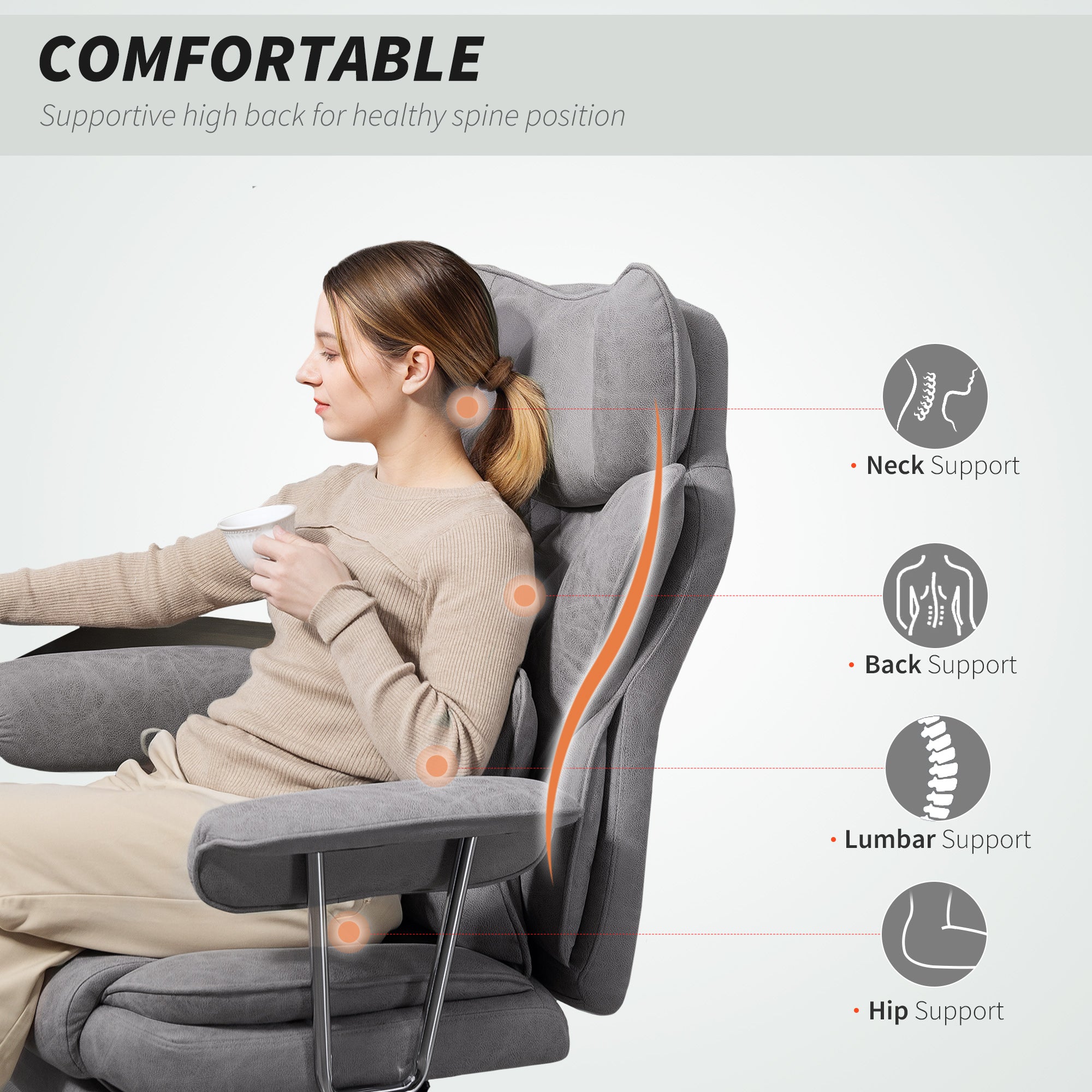HOMCOM Leathaire Reclining Office Chair with Lumbar Support Pillow - Grey - North Peak Garden Furniture