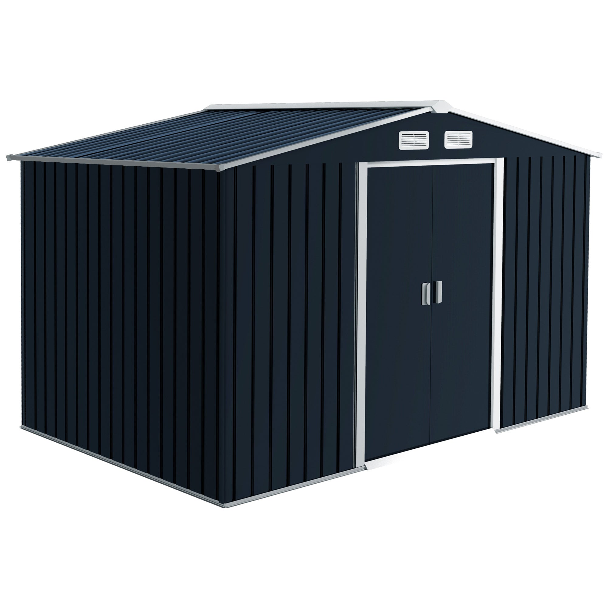 Outsunny 9 x 6ft Metal Garden Shed, Outdoor Storage Tool House with Ventilation Slots, Foundation Kit and Lockable Double Doors, Dark Grey - North Peak Garden Furniture