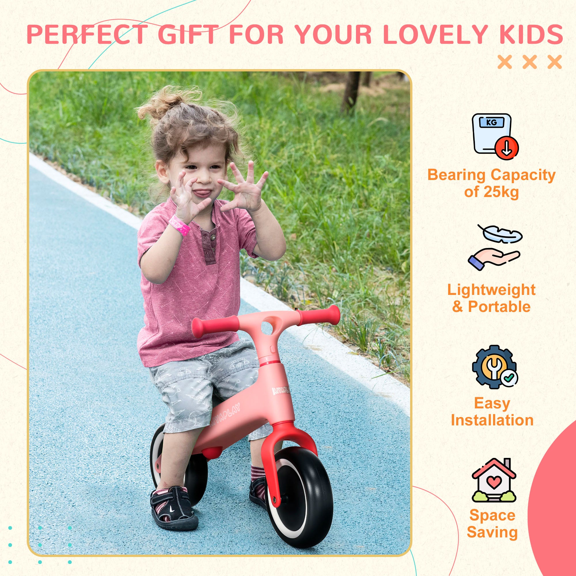 AIYAPLAY Baby Balance Bike, with Adjustable Seat, for 1.5-3 Years - Pink - North Peak Garden Furniture