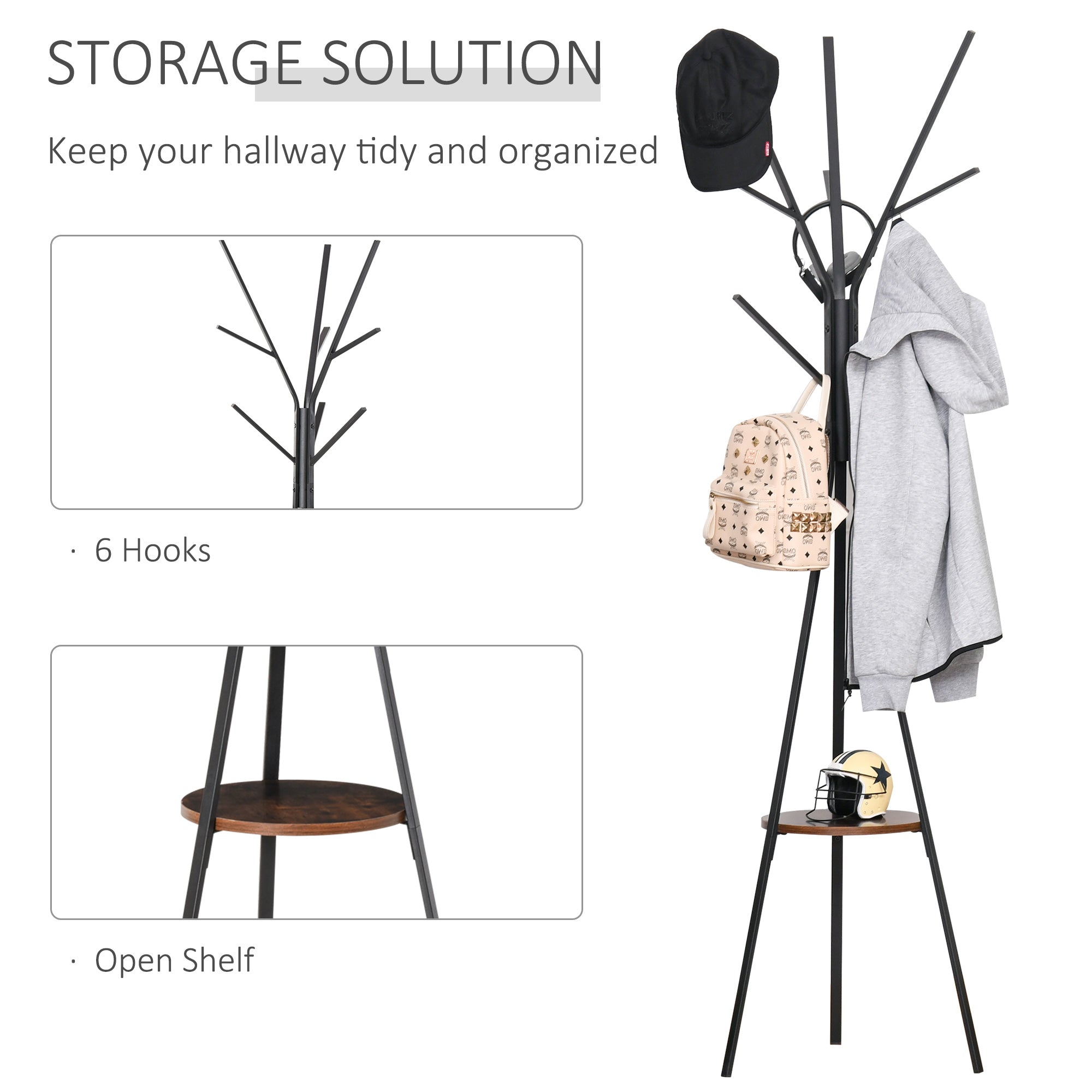 HOMCOM Freestanding Metal Coat Rack Stand 9 Hooks Clothes Tree with 1 Shelf Hat Display Hall Tree Hanger Bag Umbrella Hanging Organiser Brown - North Peak Garden Furniture