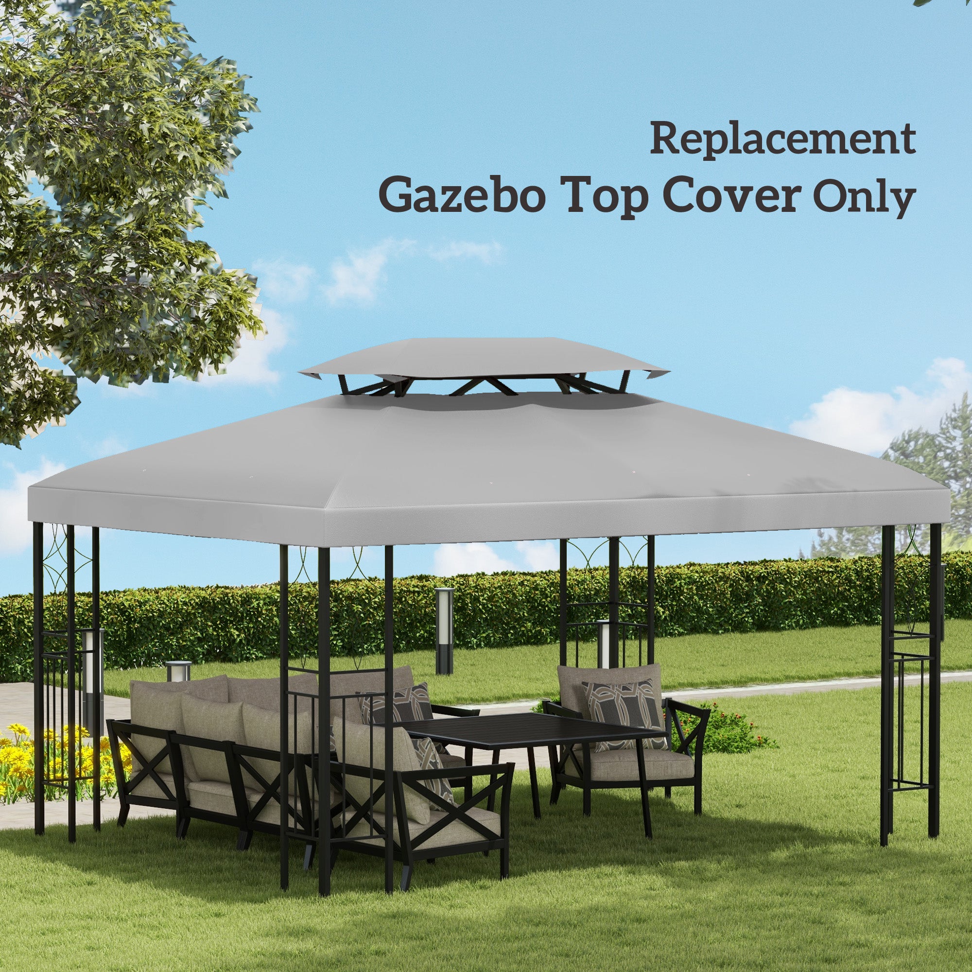 Outsunny 3x4m Gazebo Canopy Replacement Cover, 2 Tier Top Roof UV Cover Garden Patio Outdoor Sun Awning Shelters, Light Grey (TOP COVER ONLY) - North Peak Garden Furniture