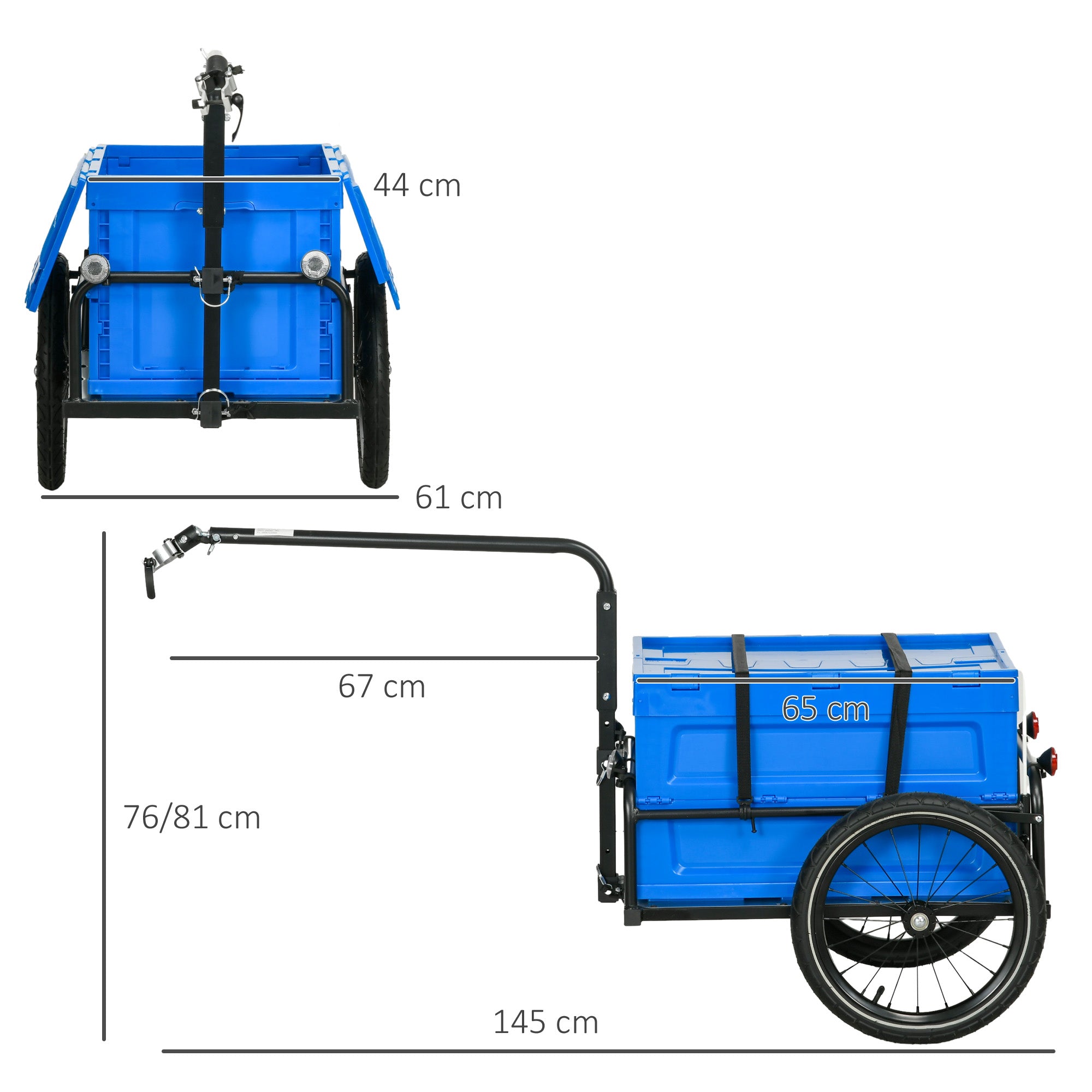 HOMCOM Steel Trailer for Bike, Bicycle Cargo Trailer with 65L Foldable Storage Box and Safe Reflectors, Max Load 40KG, Blue - North Peak Garden Furniture