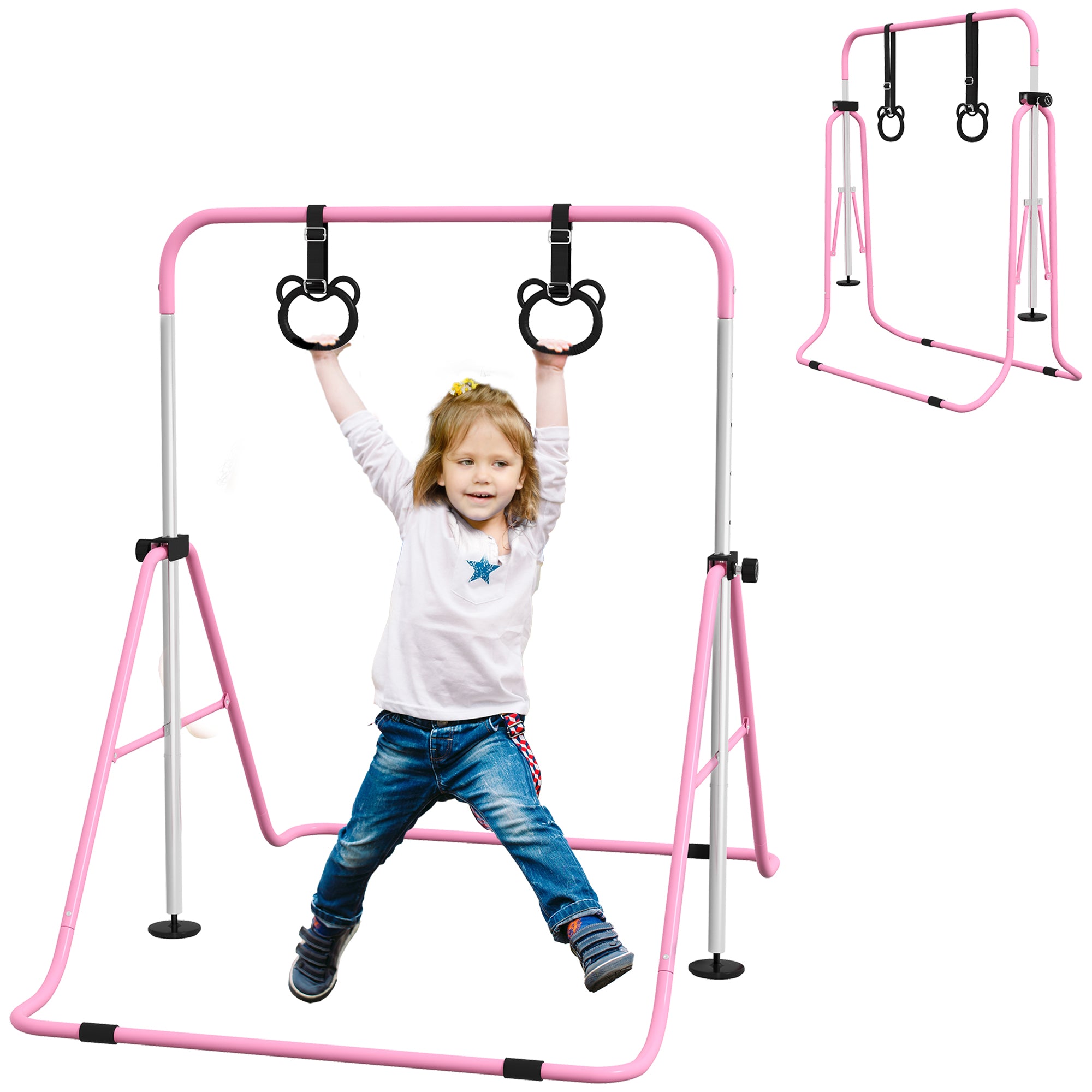 HOMCOM Adjustable Height, Foldable Kids Gymnastics Bar w/ Non-Slip Mats, for 3+ Years, Pink