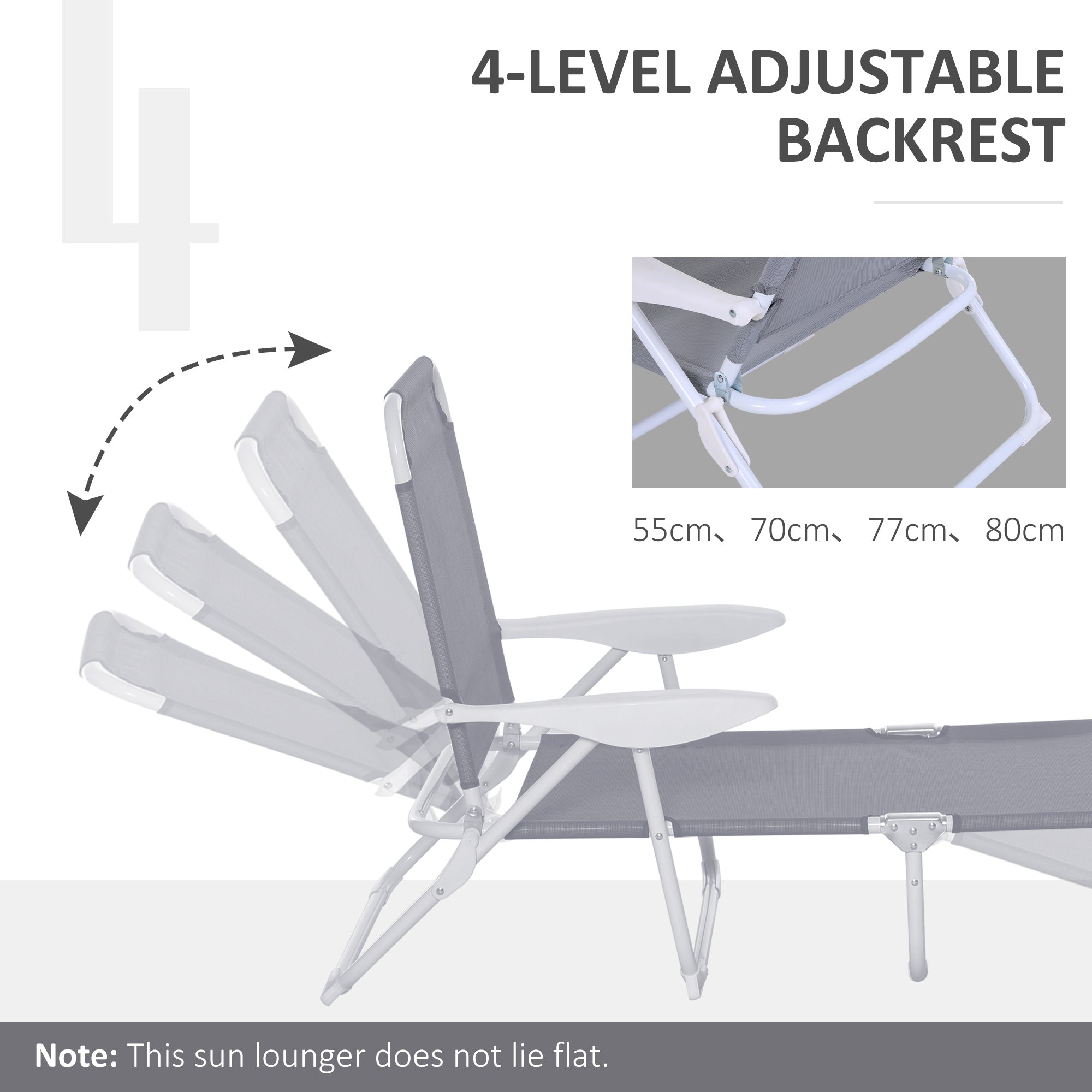 Outsunny Foldable Sun Lounger, Outdoor 4 Level Adjustable Backrest Reclining Lounge Chair with Armrests for Patio, Garden, Grey - North Peak Garden Furniture