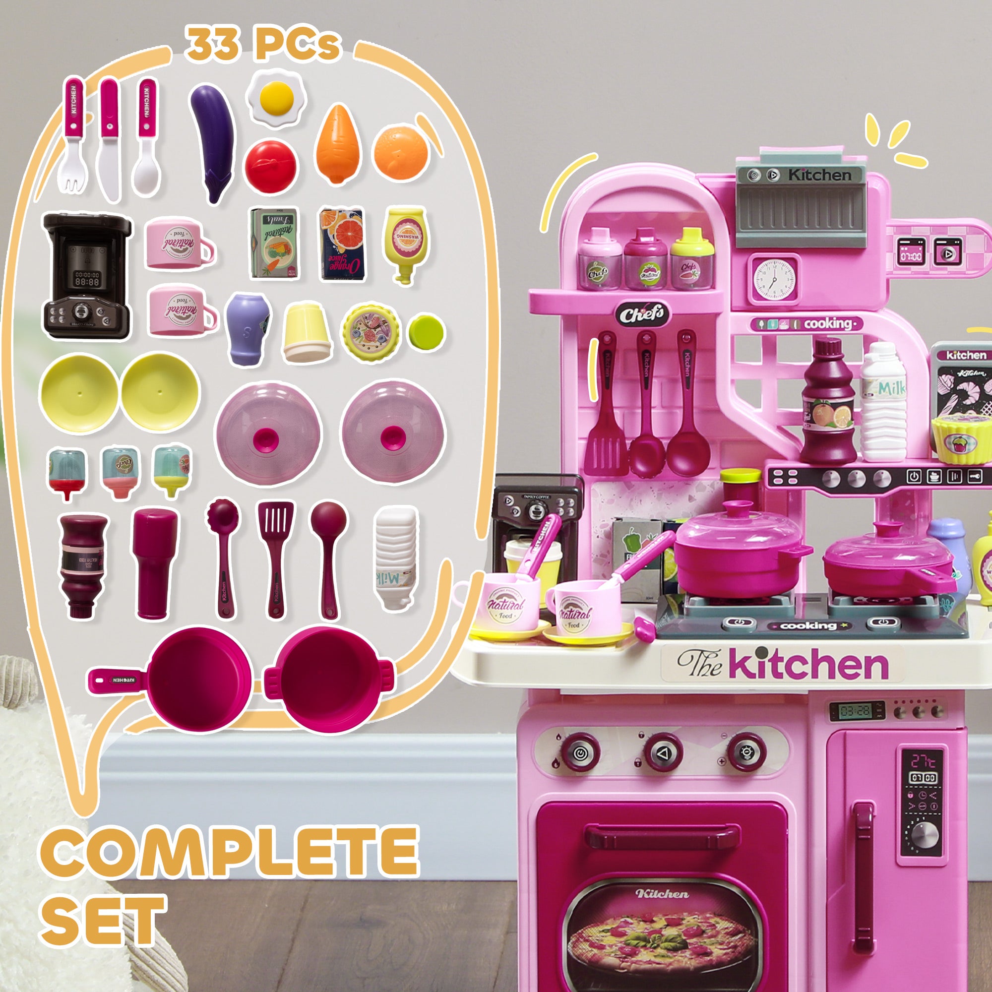 AIYAPLAY Kids Kitchen with 33 Pieces, Lights, Sounds, Storage, for Ages 3-6 Years, Pink - North Peak Garden Furniture