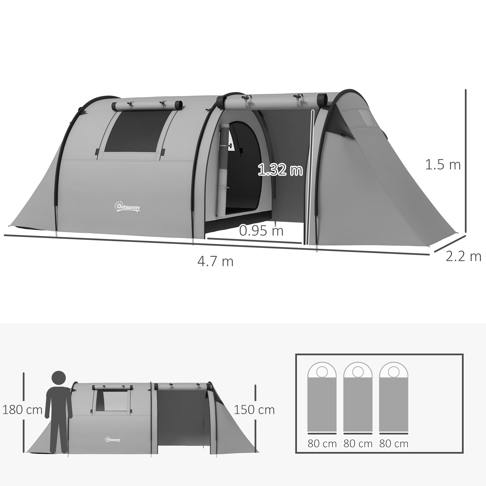 Outsunny Four Man Duo Room Tunnel Tent, with Accessories - Grey - North Peak Garden Furniture