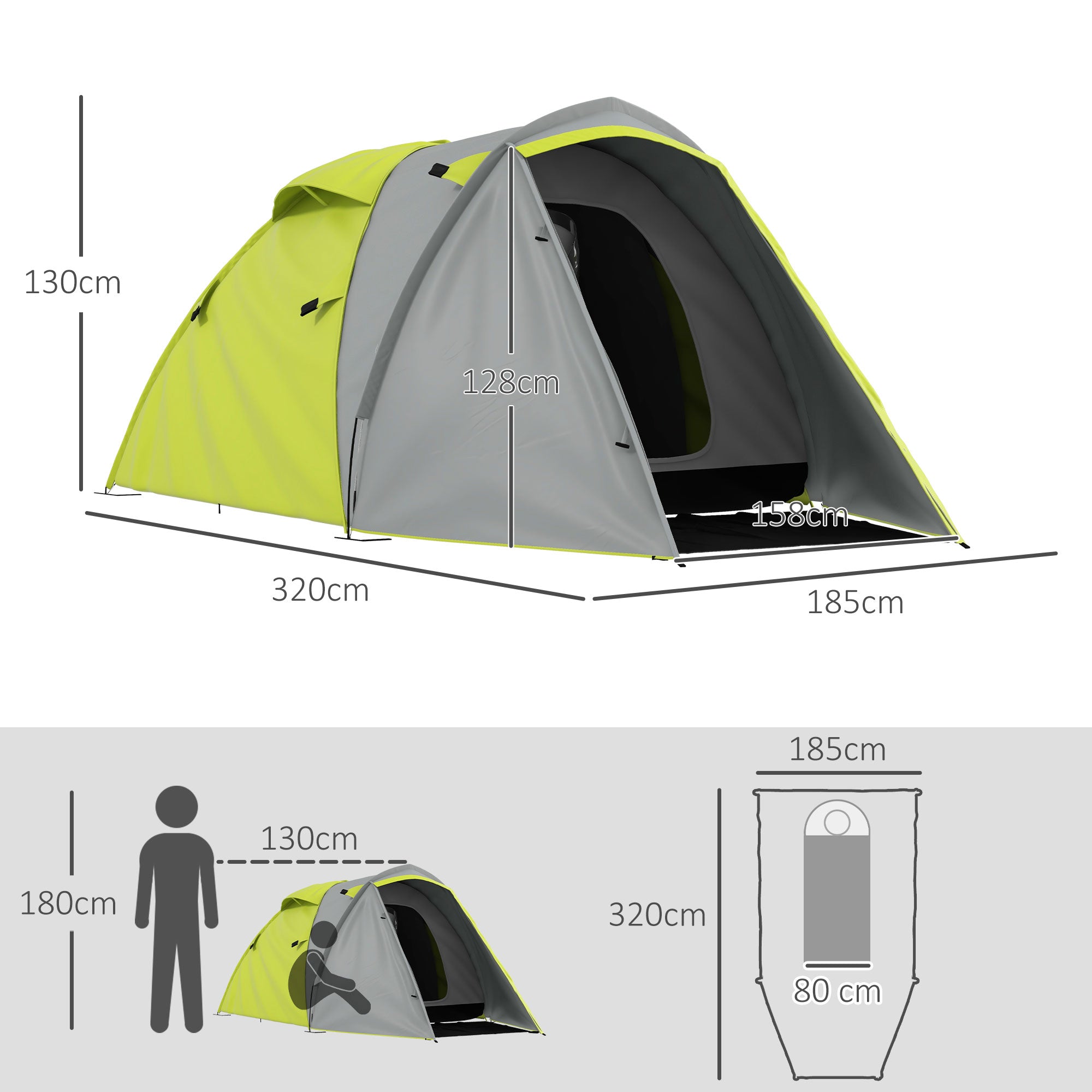 Outsunny Two-Man Dome Tent, with Front Porch and Accessories - Yellow/Grey - North Peak Garden Furniture