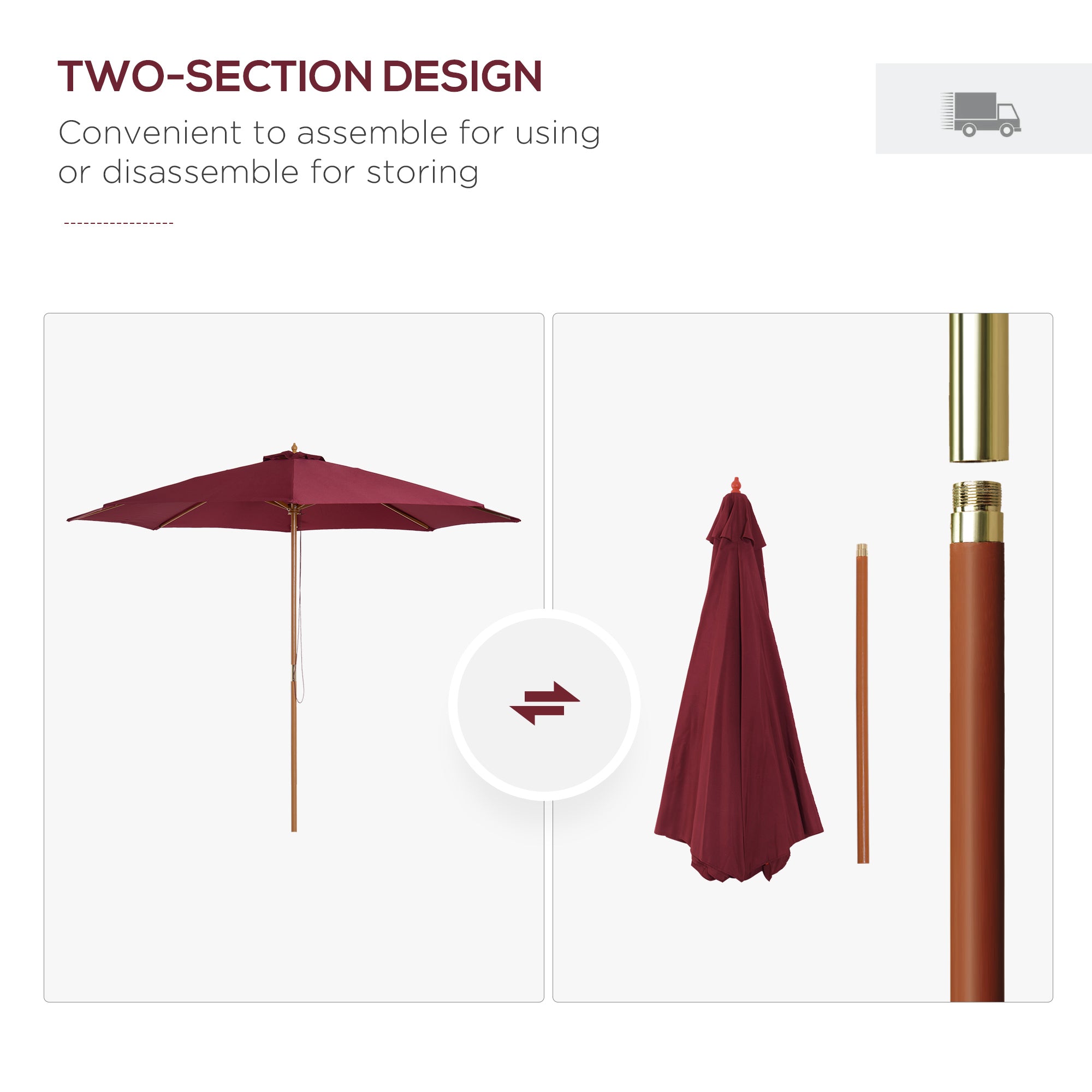 Outsunny 3(m) Garden Parasol, Pulley Operated Patio Umbrella, Wooden Table Market Umbrella with Rope Pulley Mechanism and 8 Ribs, Wine Red - North Peak Garden Furniture