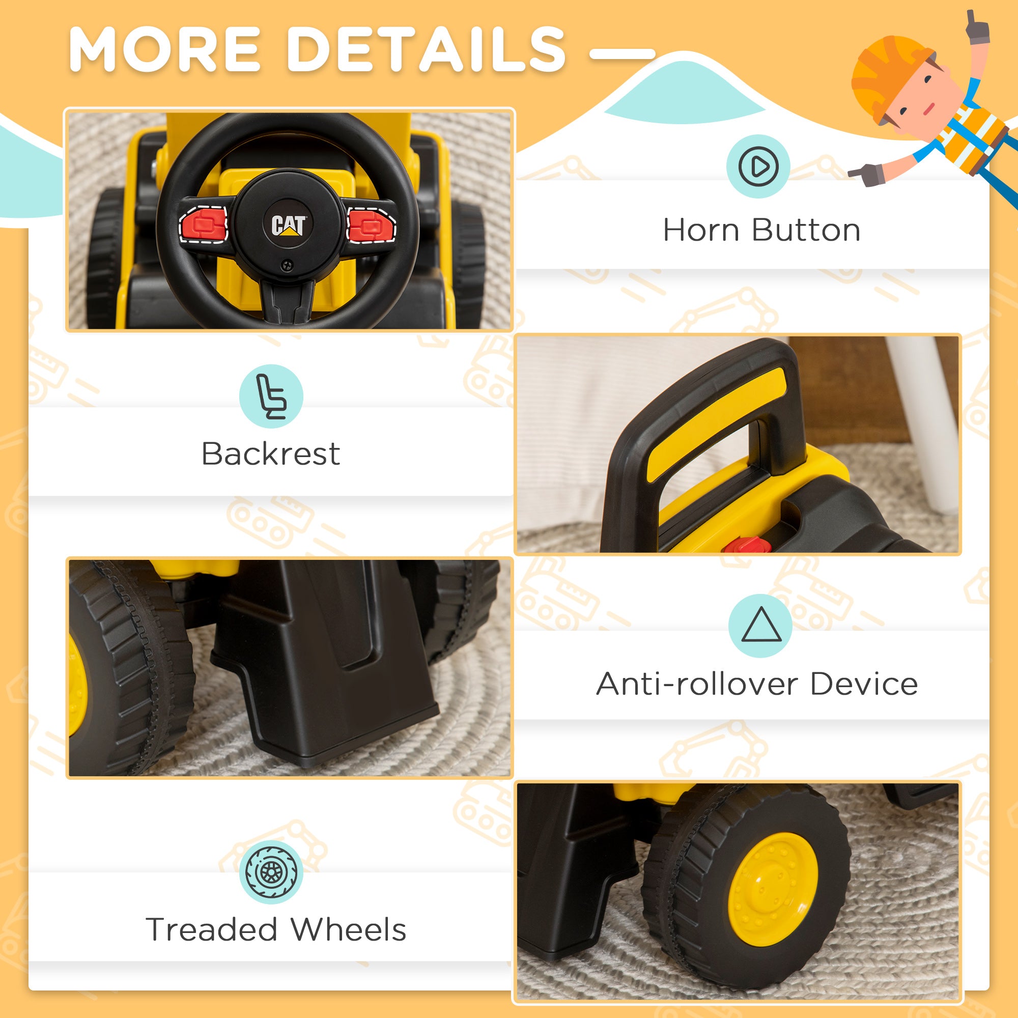 HOMCOM CAT Licensed Kids Construction Ride-On Toddler Digger Excavator Foot-To-Floor Ride-On Toy w/ Manual Shovel, Horn, Hidden Storage, for Ages 1.5-3 Years - North Peak Garden Furniture