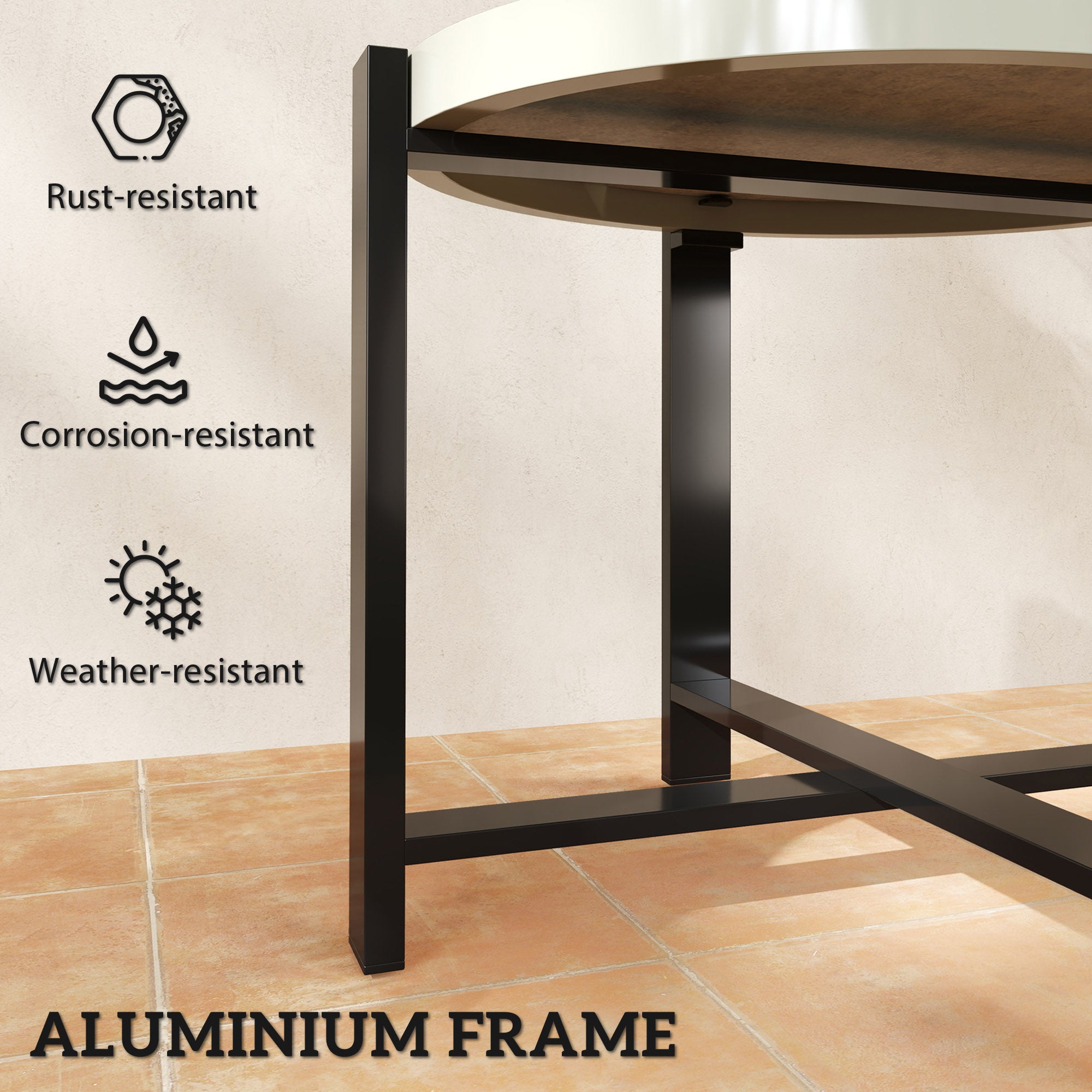 Outsunny Round Small Garden Table, 60cm Outdoor Side Table with Faux Marble Tempered Glass Top, Aluminium Frame for Garden, Patio, Balcony, Light Grey - North Peak Garden Furniture