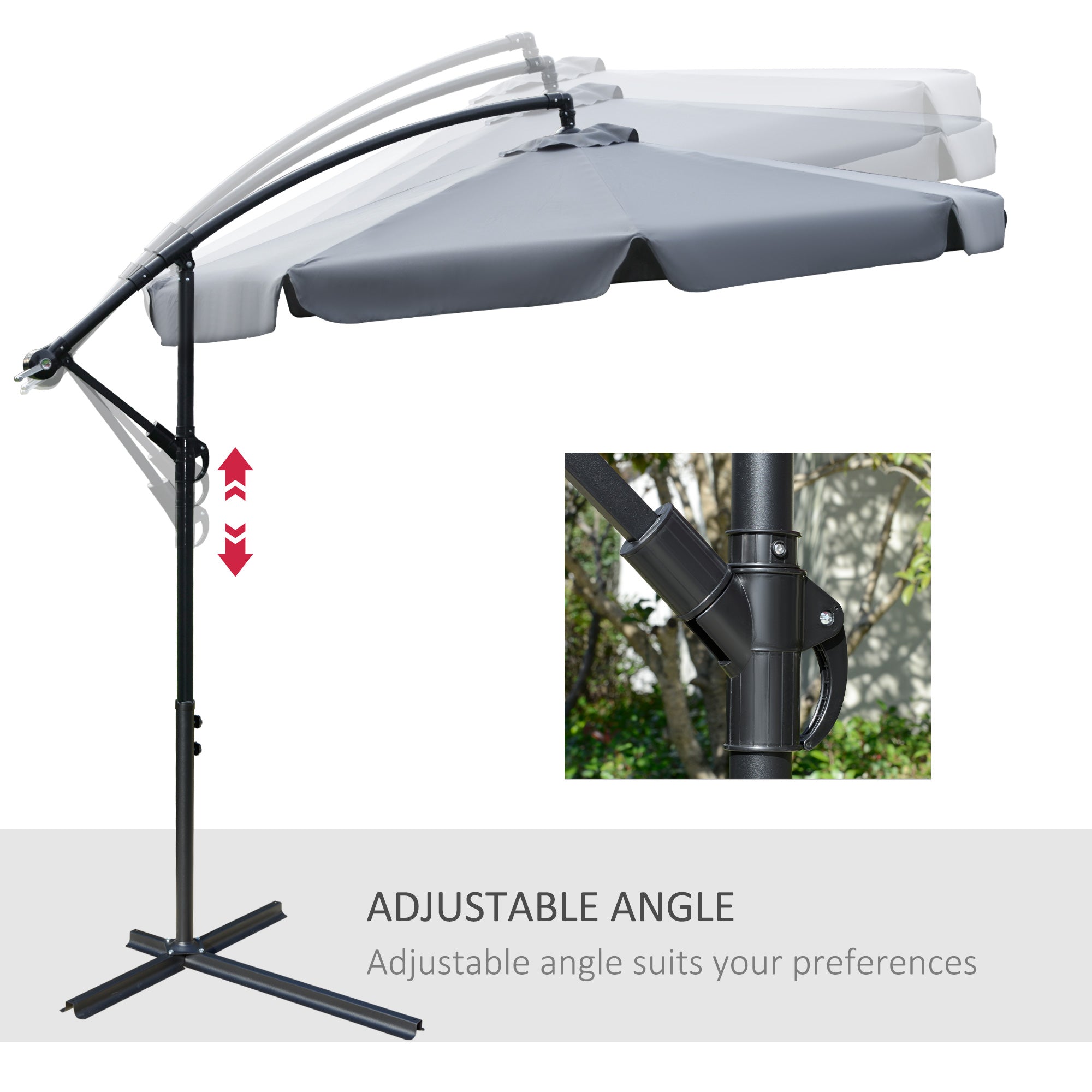Outsunny 2.7m Garden Banana Parasol Cantilever Umbrella with Crank Handle and Cross Base for Outdoor, Hanging Sun Shade, Dark Grey - North Peak Garden Furniture