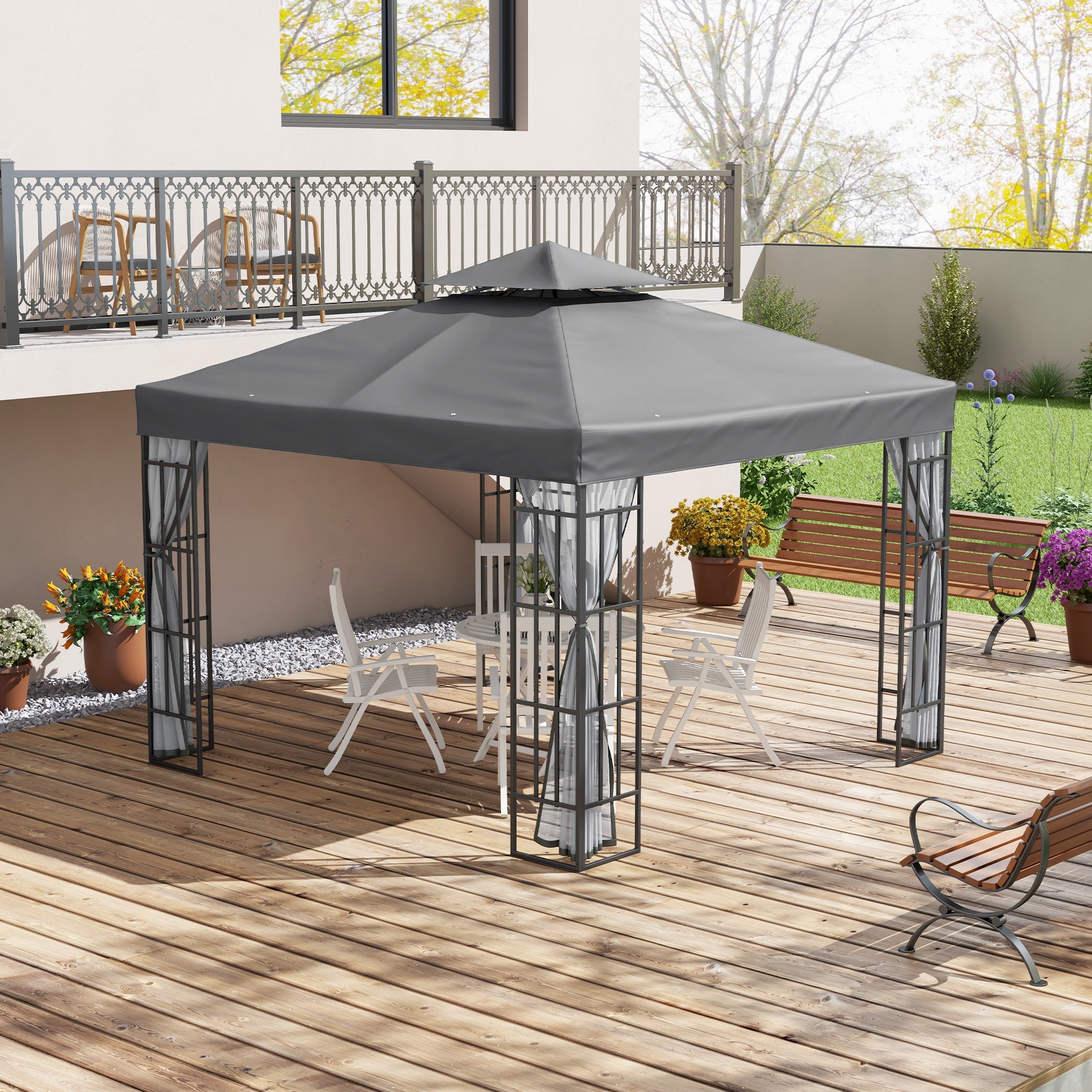 Outsunny 3 x 3(m) Patio Gazebo Canopy Garden Pavilion Tent Shelter with 2 Tier Roof and Mosquito Netting, Steel Frame, Grey - North Peak Garden Furniture