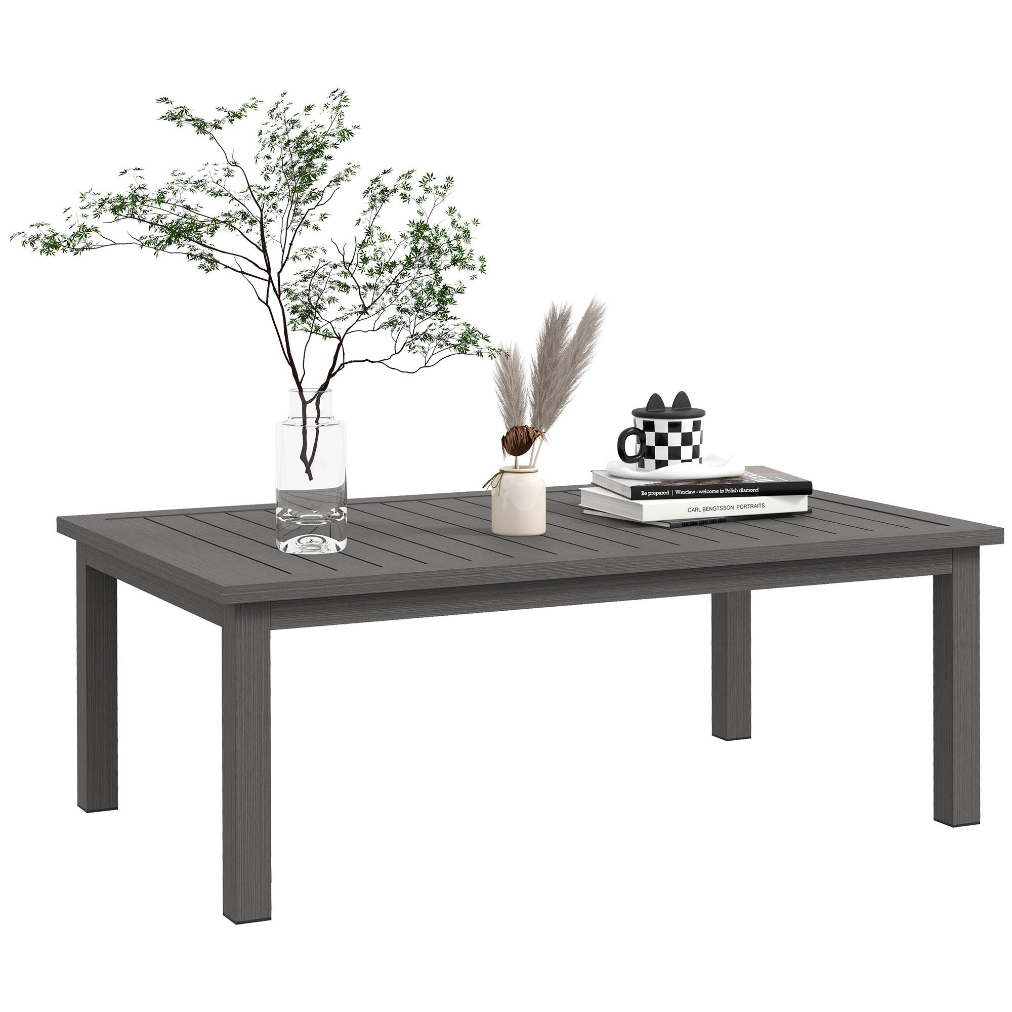 Outsunny Aluminium Outdoor Side Table, Slat Patio Coffee Table with Wood Grain Effect for Garden, Balcony, 100cm x 60cm, Brown - North Peak Garden Furniture