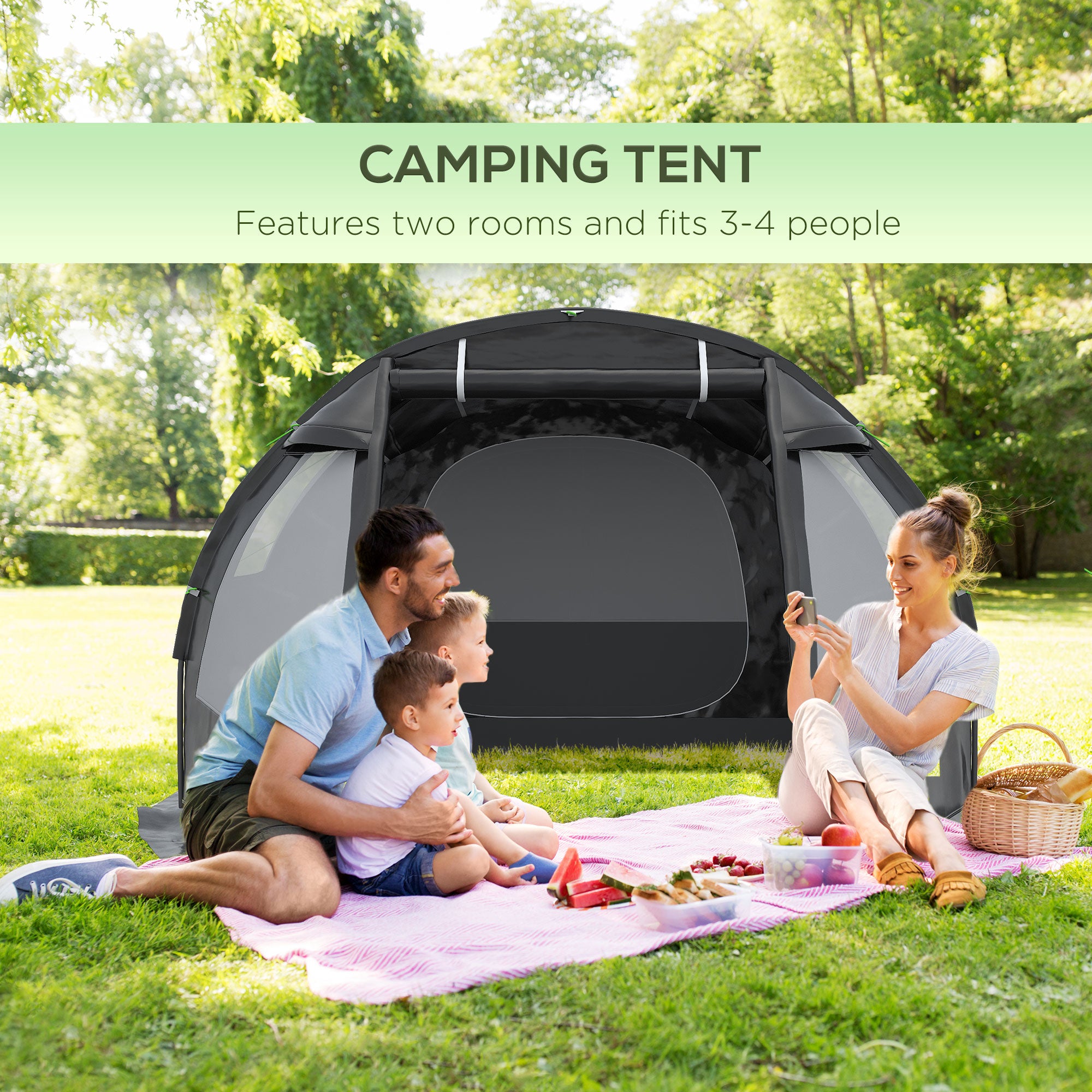 Outsunny 3-4 Man Tunnel Tent, Two Room Camping Tent with Windows and Covers, Portable Carry Bag, for Fishing, Hiking, Sports, Festival - Black - North Peak Garden Furniture