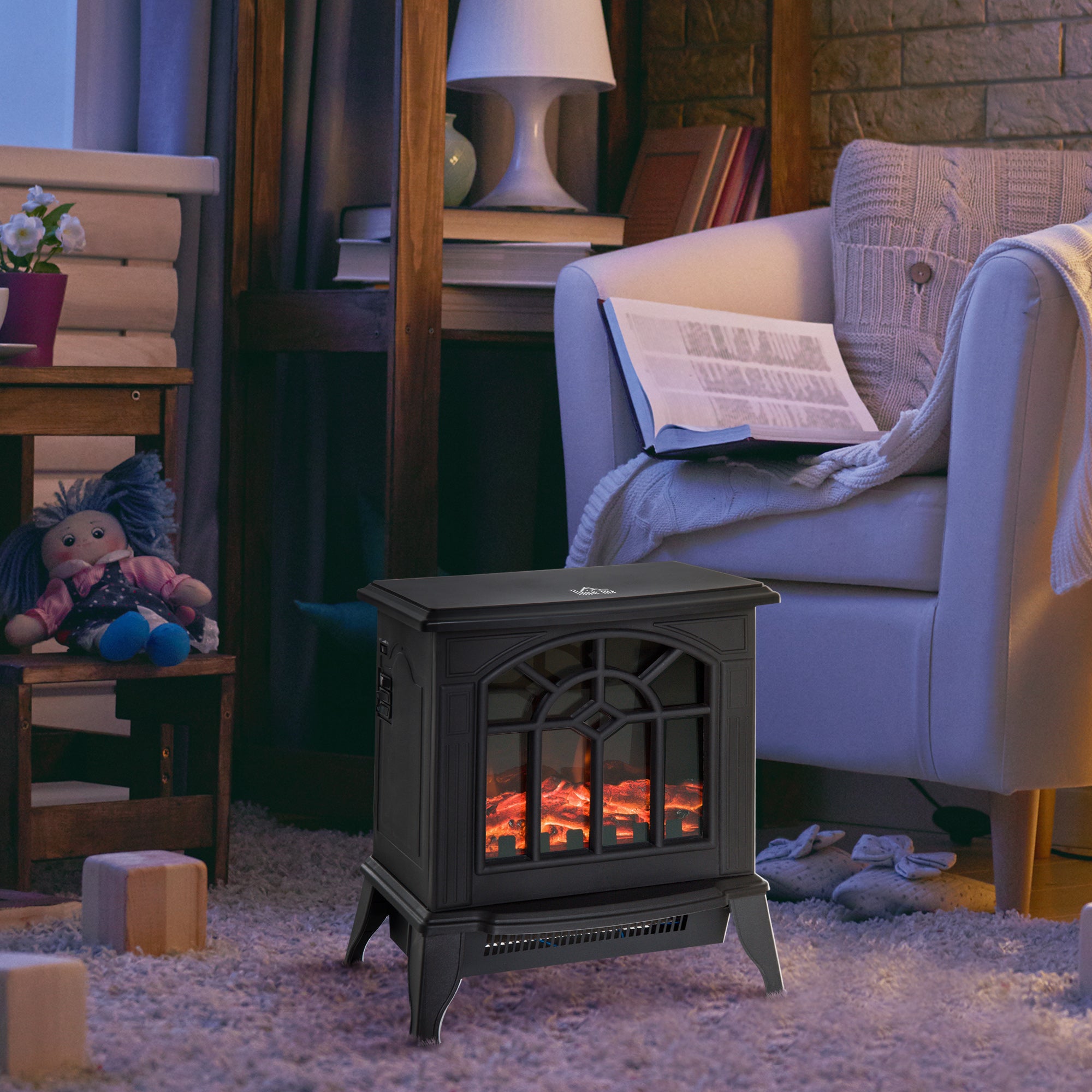 HOMCOM 1000W/2000W Freestanding Electrical Fireplace Indoor Heater Stove Log Wood LED Burning Effect Flame with Thermostat Control Black