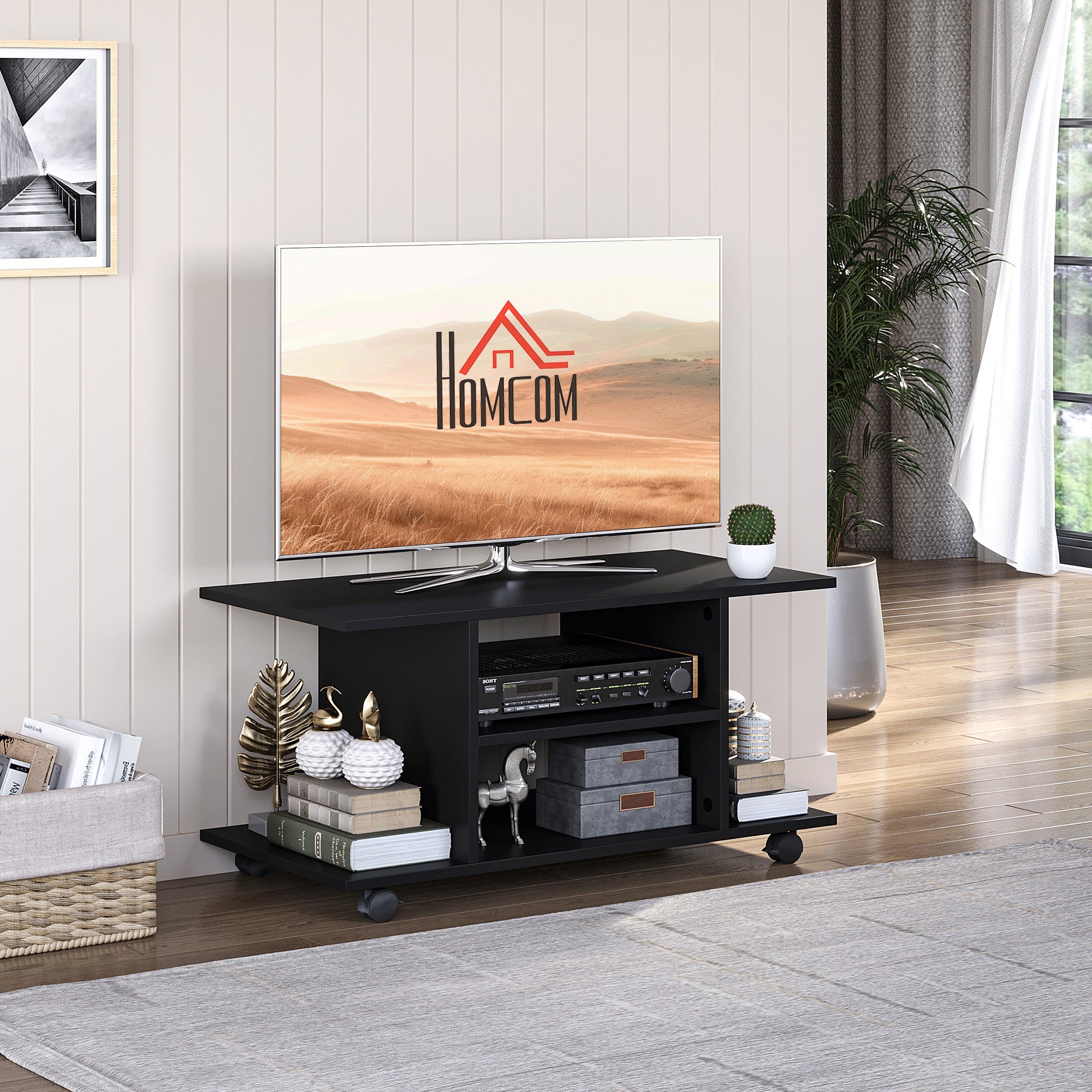 HOMCOM Modern TV Cabinet Stand Storage Shelves Table Mobile Bedroom Furniture Bookshelf Bookcase Black - North Peak Garden Furniture