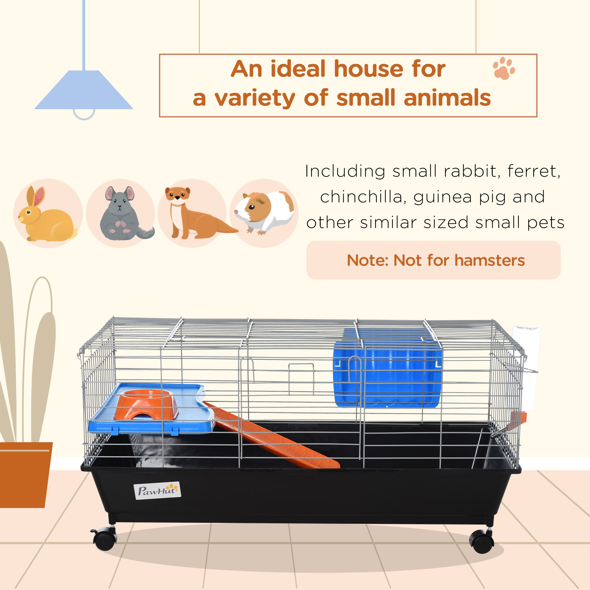PawHut Small Animal Cage Rabbit Guinea Pigs Chinchillas Cage w/ Wheels Water Bottle Food Dish Platform Ramp 89 x 44 x 43 cm Black - North Peak Garden Furniture