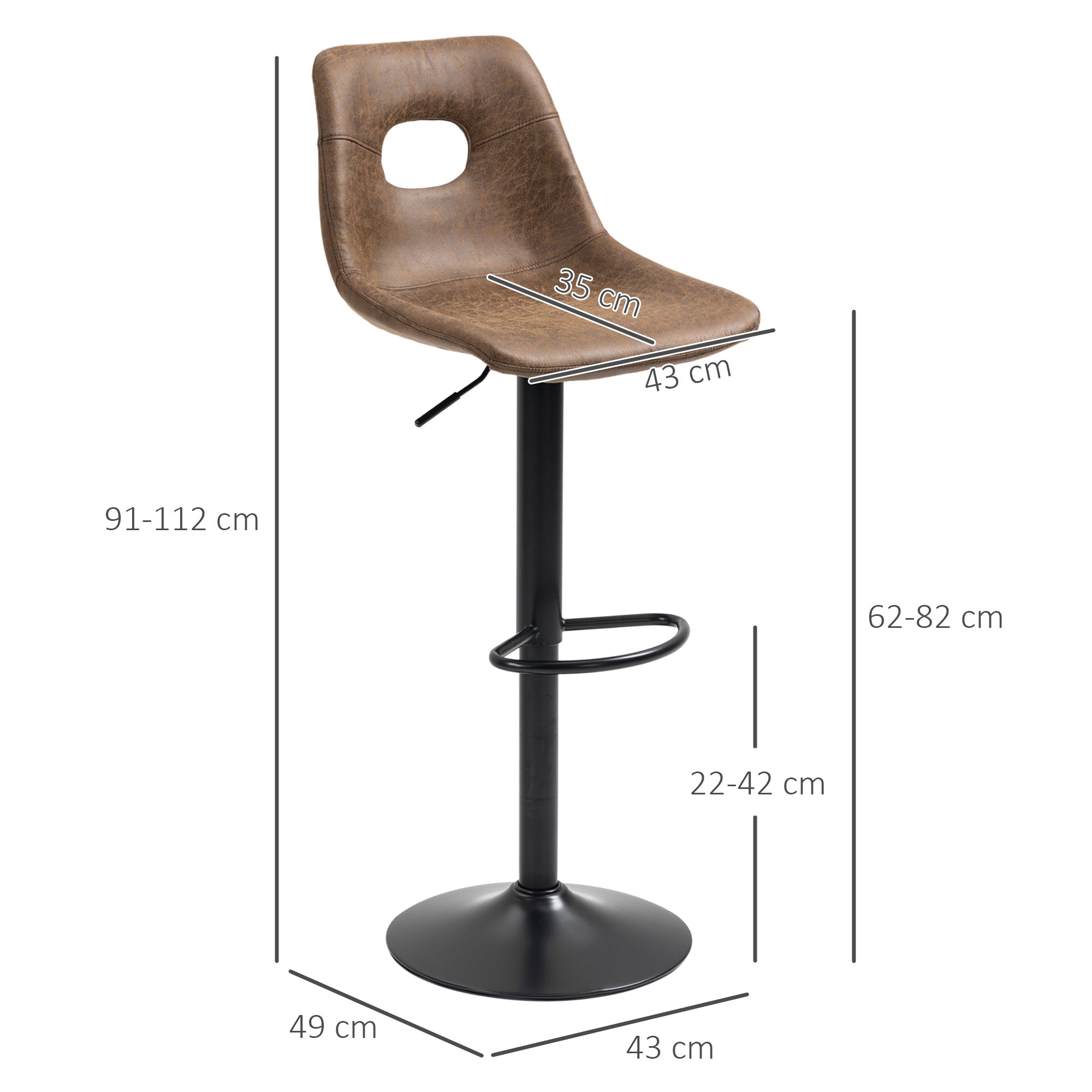 HOMCOM Bar Stools Set of 2, Adjustable Breakfast Dining Stools with Backrest, Footrest, Microfiber Cloth Kithchen Island Counter, Brown - North Peak Garden Furniture