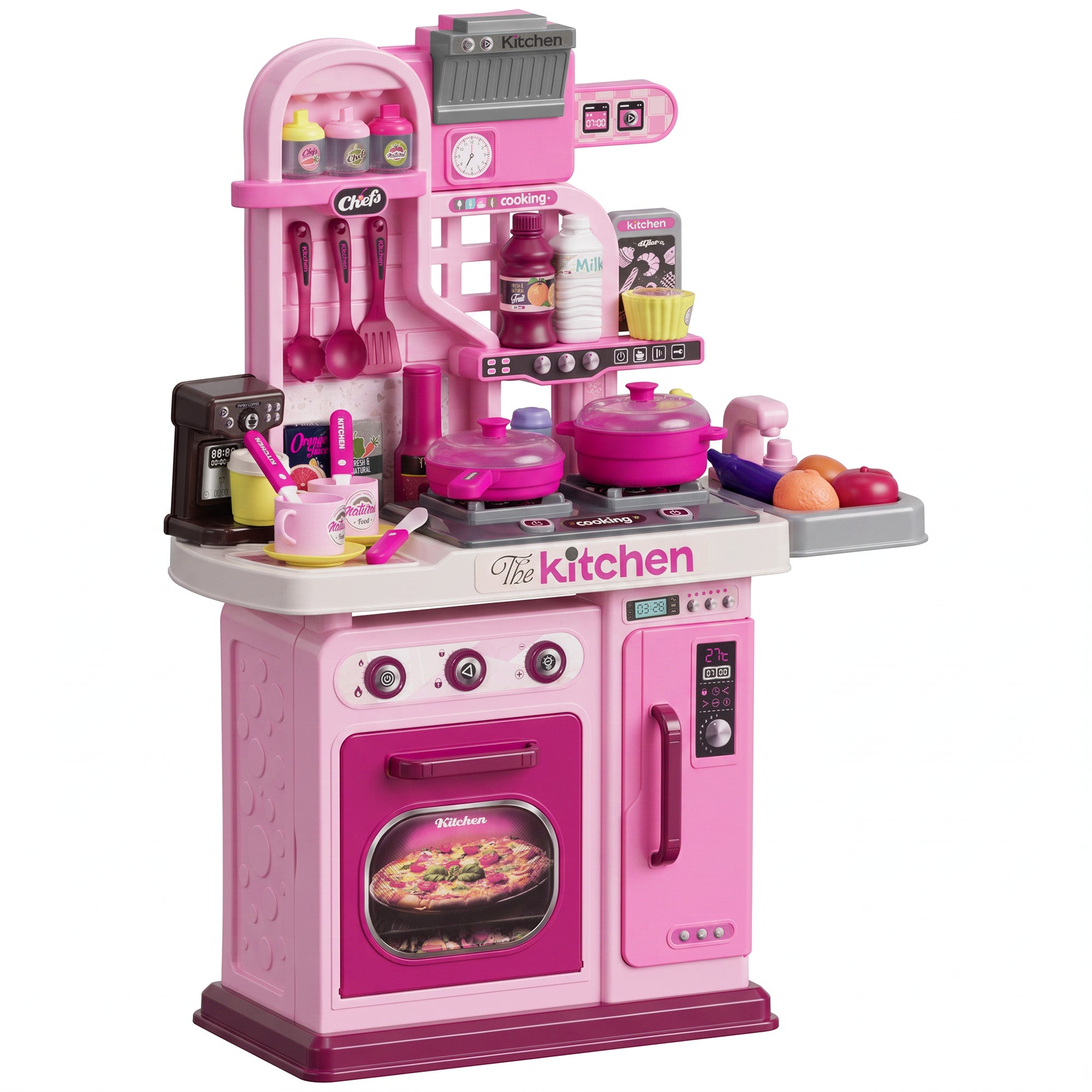 AIYAPLAY Kids Kitchen with 33 Pieces, Lights, Sounds, Storage, for Ages 3-6 Years, Pink