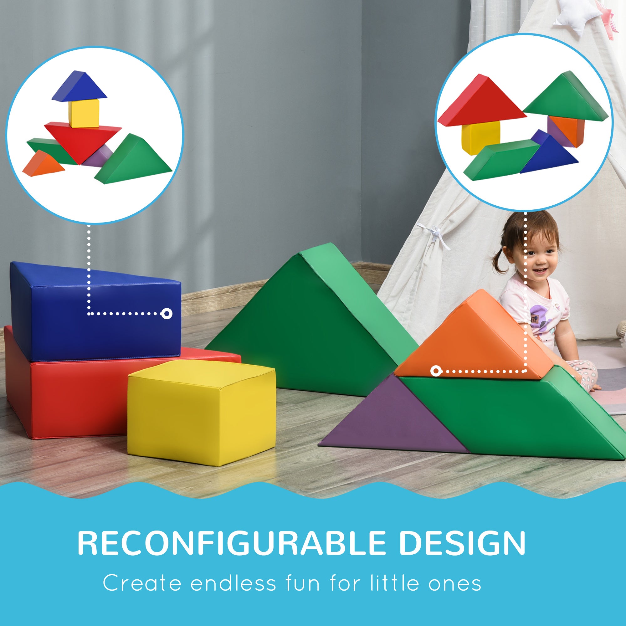 HOMCOM 7 Piece Kids Soft Foam Puzzle Play Set Interlocking Toddler Learning Blocks Comfortable Safe Floor Indoor Outdoor Active Play Structure - North Peak Garden Furniture
