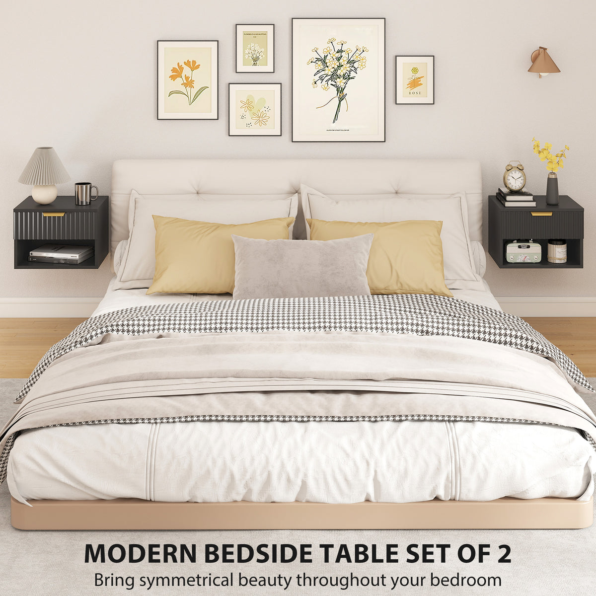 HOMCOM Floating Nightstands Set of 2, Modern Wall Mounted Bedside Tables, Black
