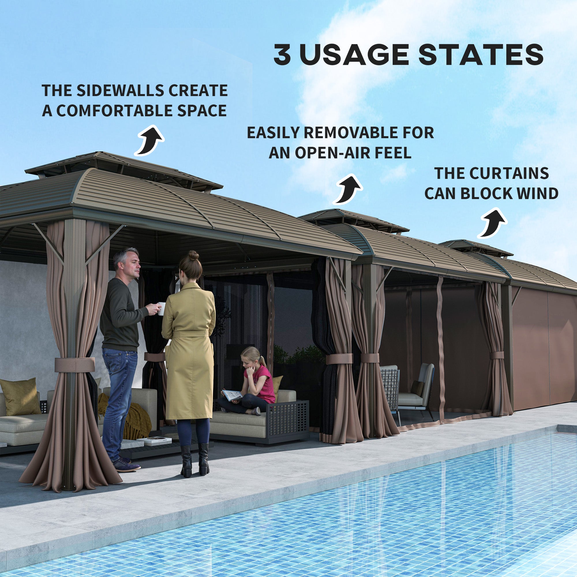 Outsunny 3.65 x 3(m) Hardtop Steel Gazebo Canopy with Aluminium Frame, Double Roof, Net Sidewalls and Curtains, Coffee - North Peak Garden Furniture