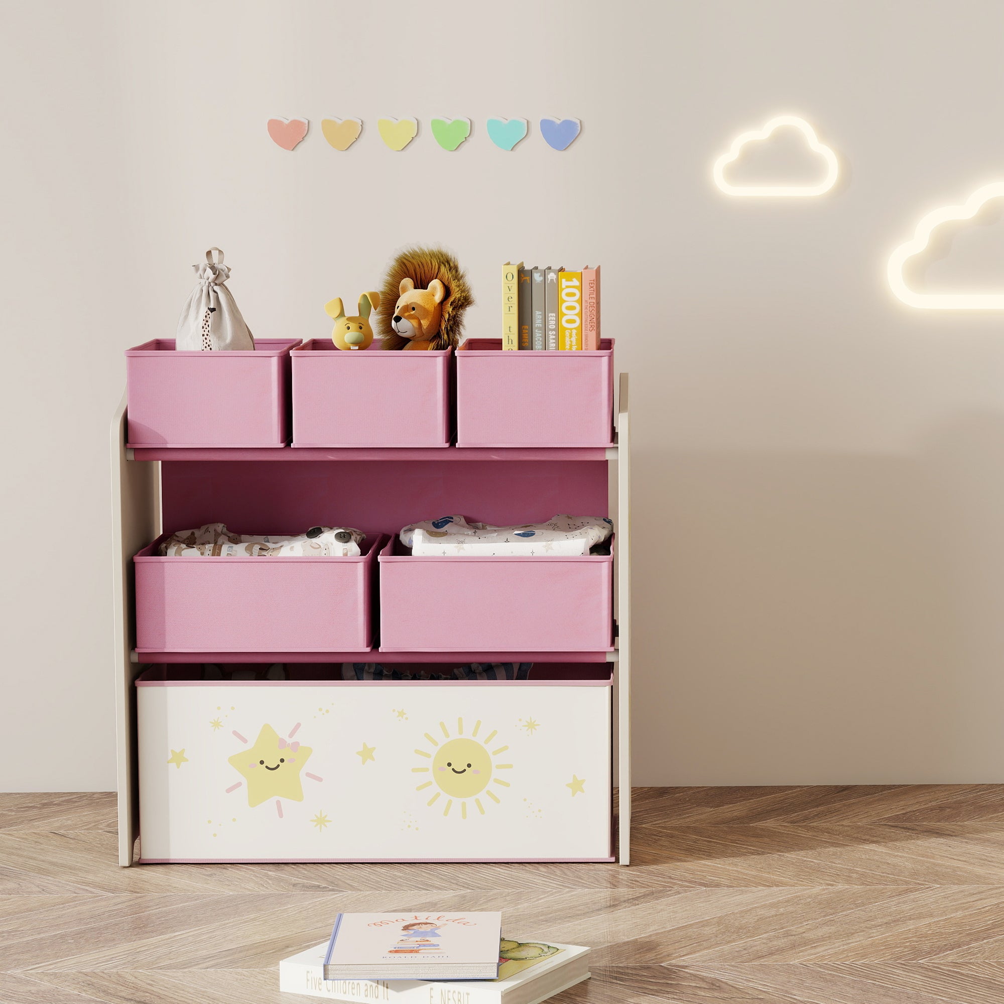 AIYAPLAY Kids Toy Storage Units, 3-Tier Toy Organiser Shelf with 6 Removable Boxes for Kids, Bedroom, Playroom, Pink