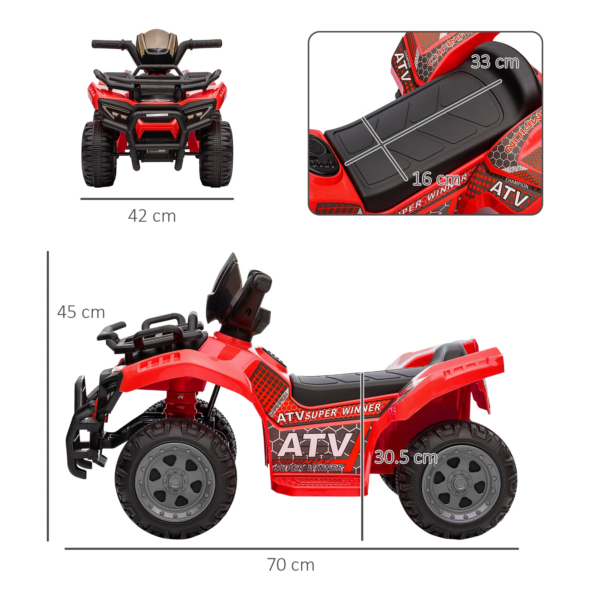 HOMCOM 6V Kids Electric Ride on Car Toddlers Quad Bike Toy With Music for 18-36 months Red - North Peak Garden Furniture
