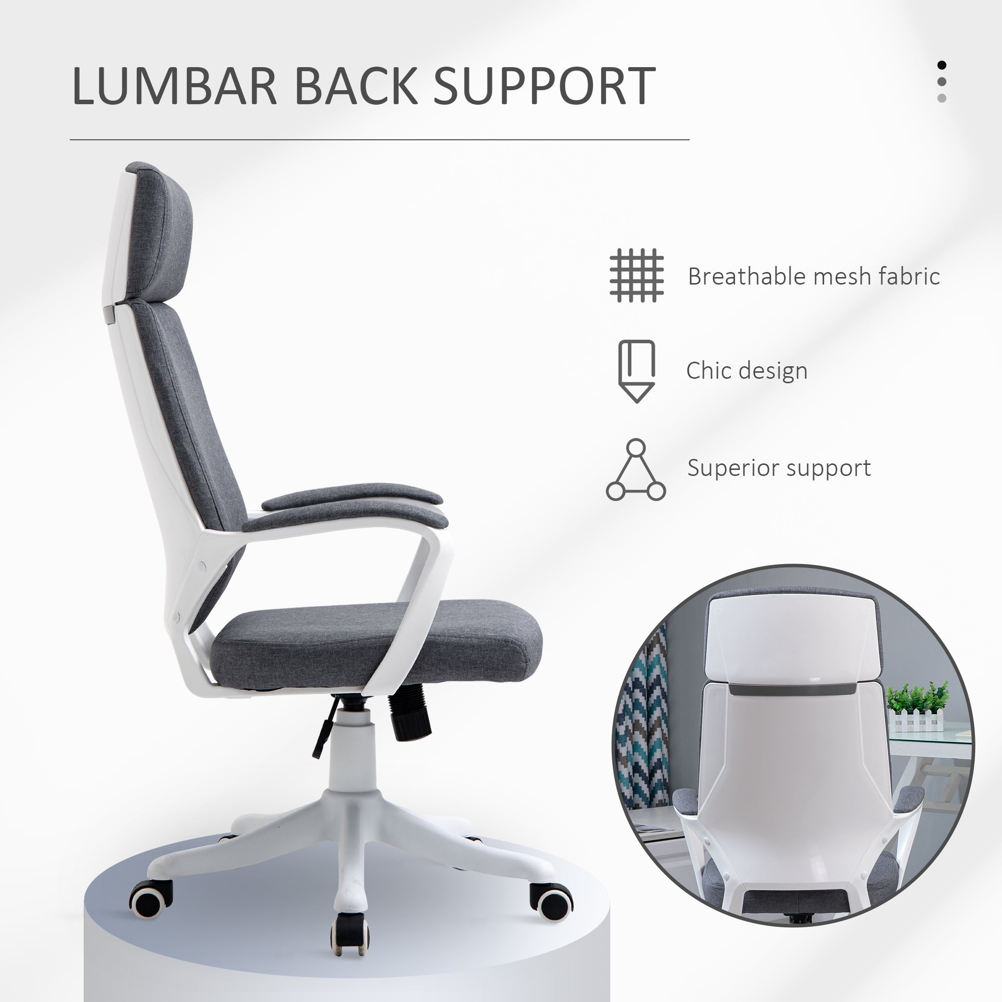 Vinsetto Office Chair, Ergonomic Desk Chair, High Back Study Chair with Headrest and Lumbar Back Support, Adjustable Height for Home and Work, Grey - North Peak Garden Furniture