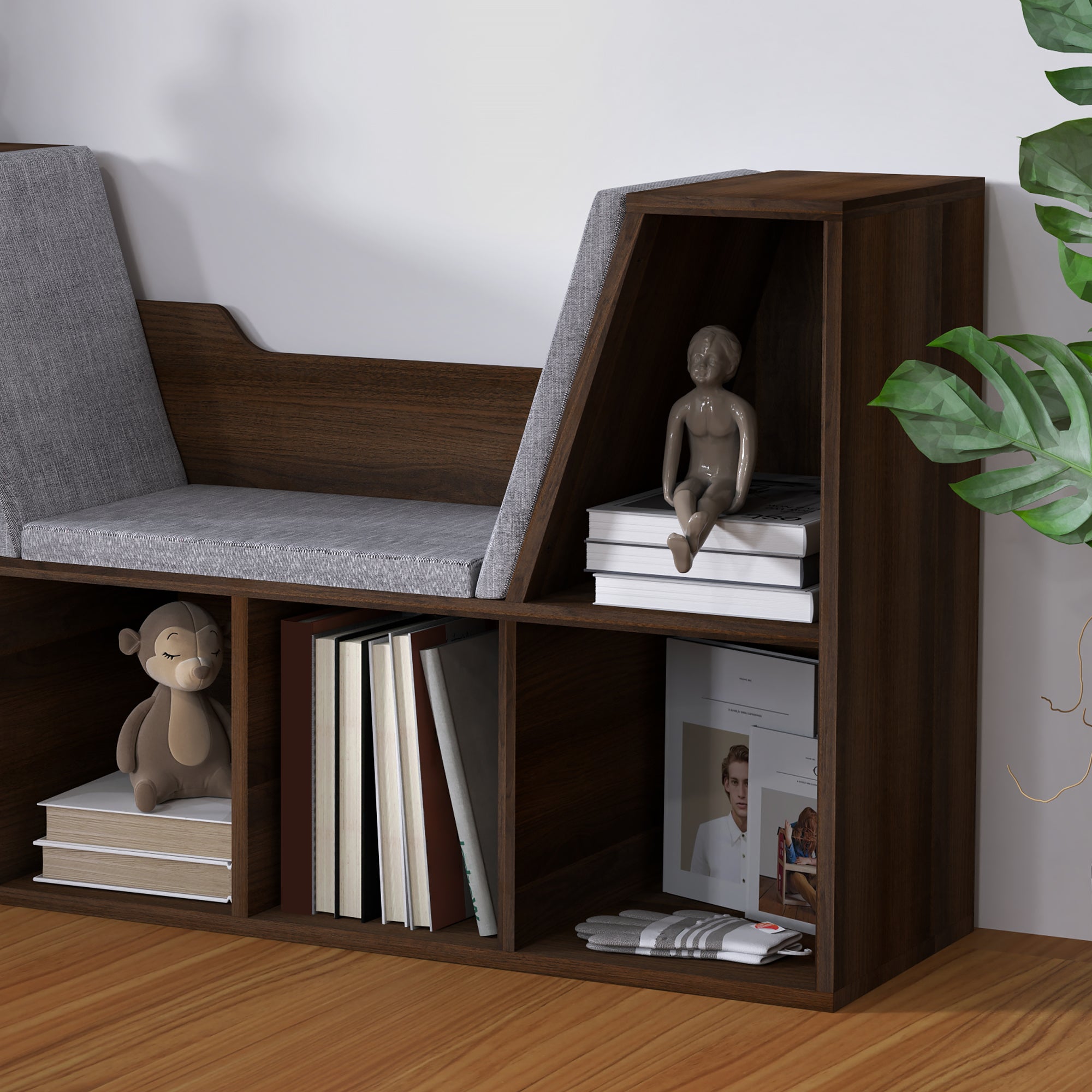 HOMCOM Bookcase Storage Shelf with Cushioned Reading Seat, Cube Bookshelf Organizer for Bedroom Living Room, Chestnut - North Peak Garden Furniture