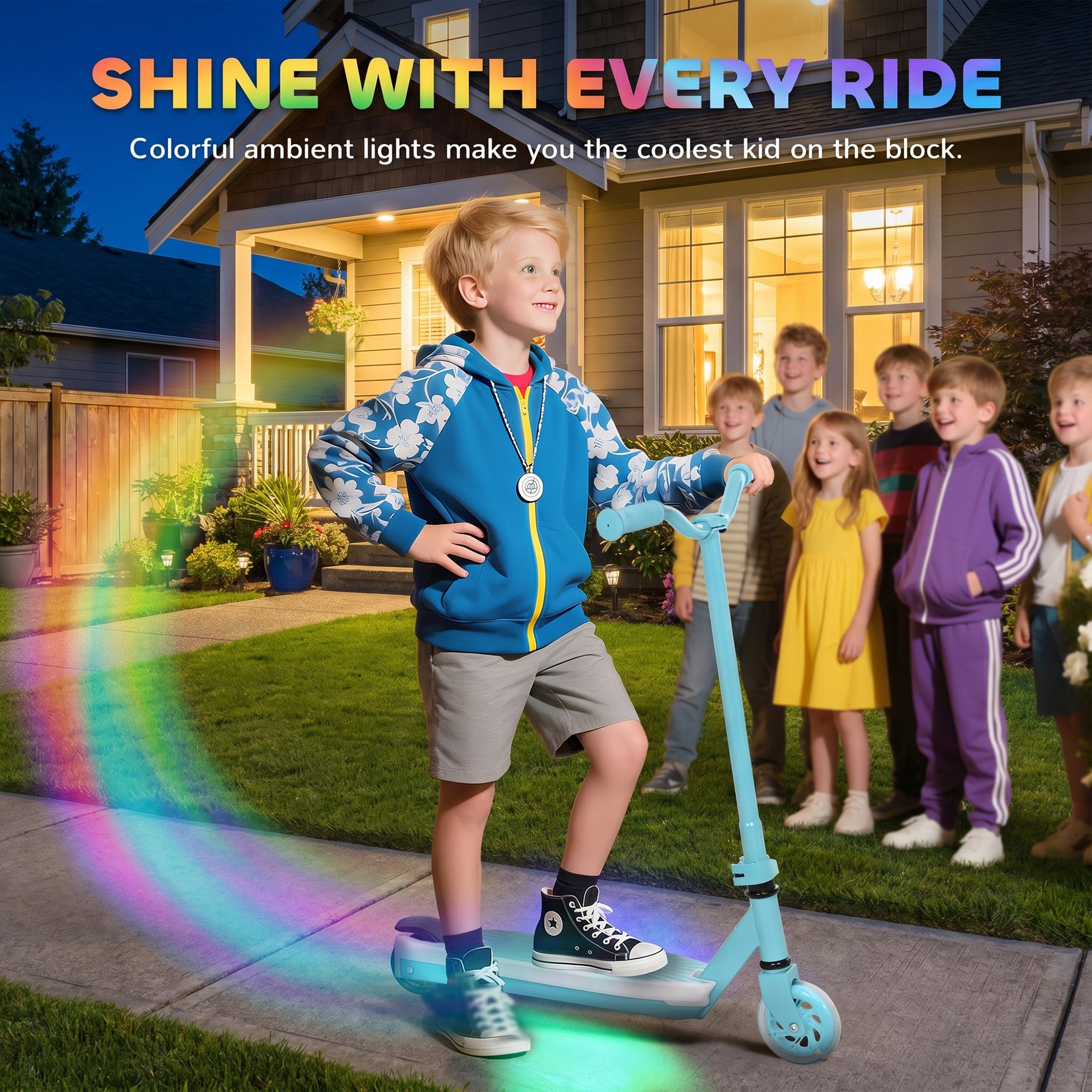 AIYAPLAY Electric Scooter for Kids Ages 4-7, with Auxiliary Rear Wheels, Flashing LED Light and Electric Brake, Kids Electric Scooter for Boys Girls, 6 KM/H & 8 KM, Blue