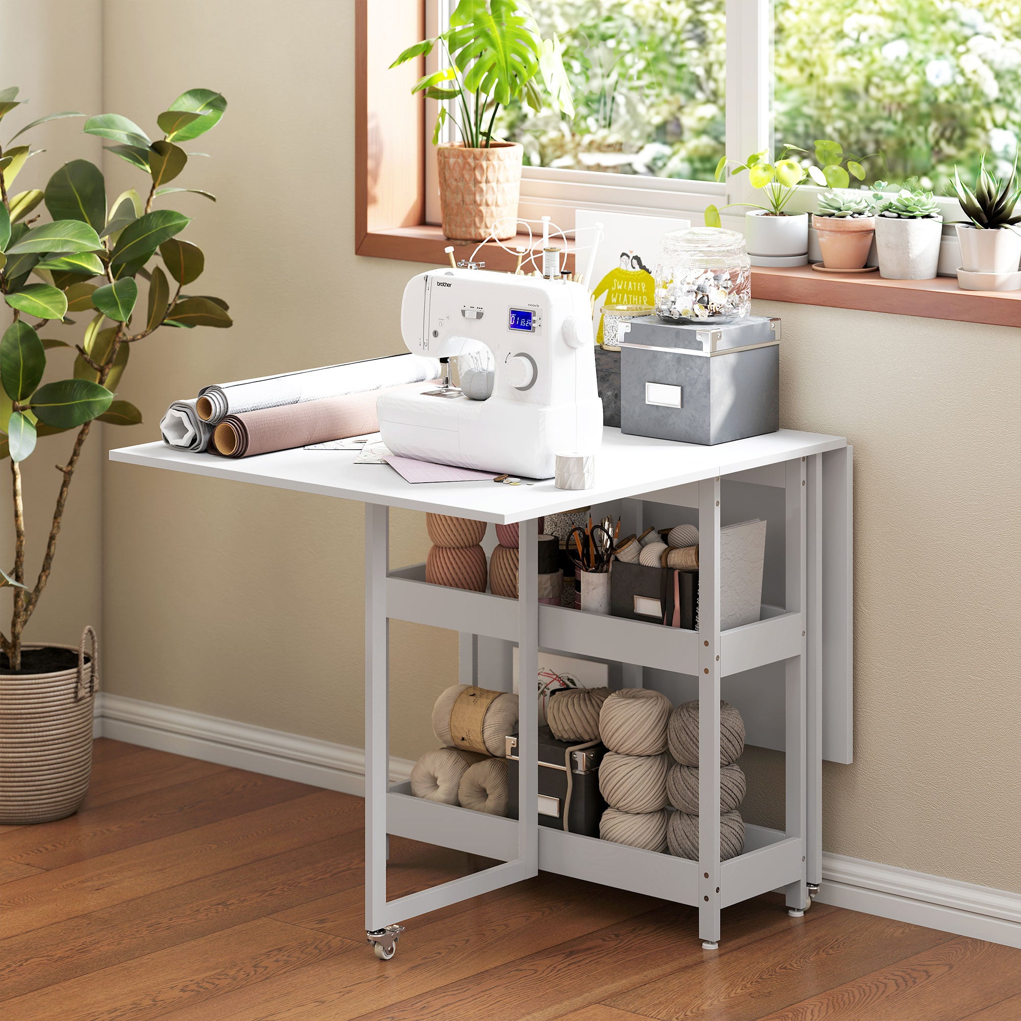 HOMCOM Industrial Folding Dining Table, Drop Leaf Table with Open Compartments for Small Spaces, Kitchen, Dining Room, White - North Peak Garden Furniture