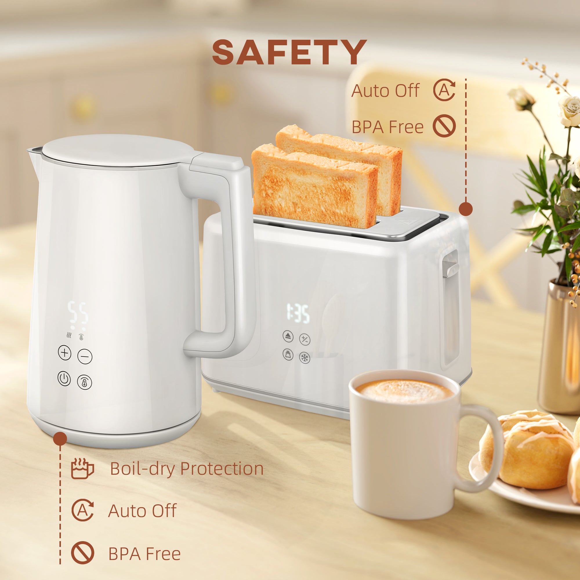 HOMCOM Kettle and Toaster Set, 1.5L 3000W Fast Boil Kettle with Insulation & 2 Slice Toaster Kitchen Set with 7 Level Browning Controls, Defrost, Reheat and Crumb Tray, Cream White - North Peak Garden Furniture