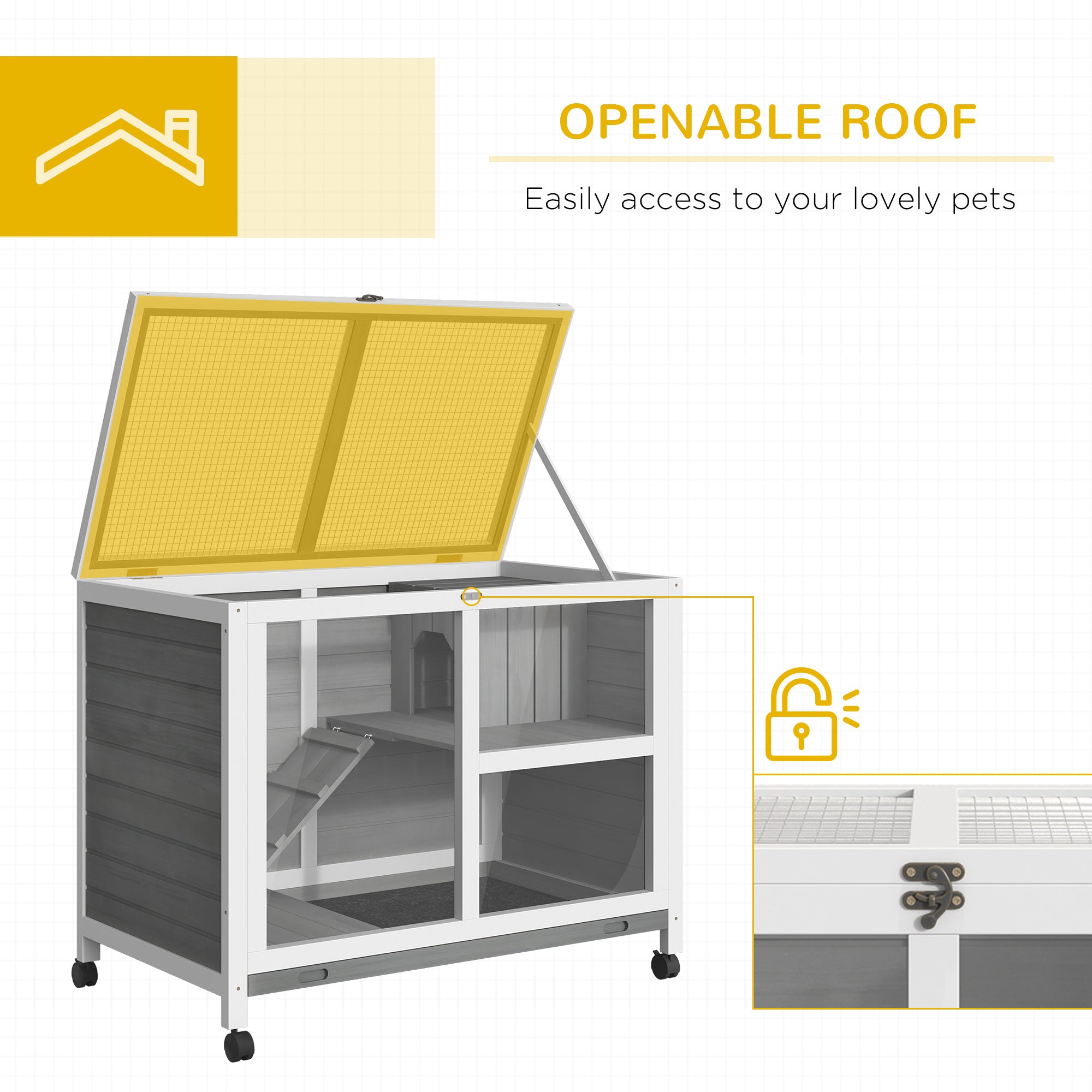 PawHut Wooden Rabbit Hutch Indoor with Wheels, Openable Roof, 91.5 x 53.3 x 73 cm, Grey