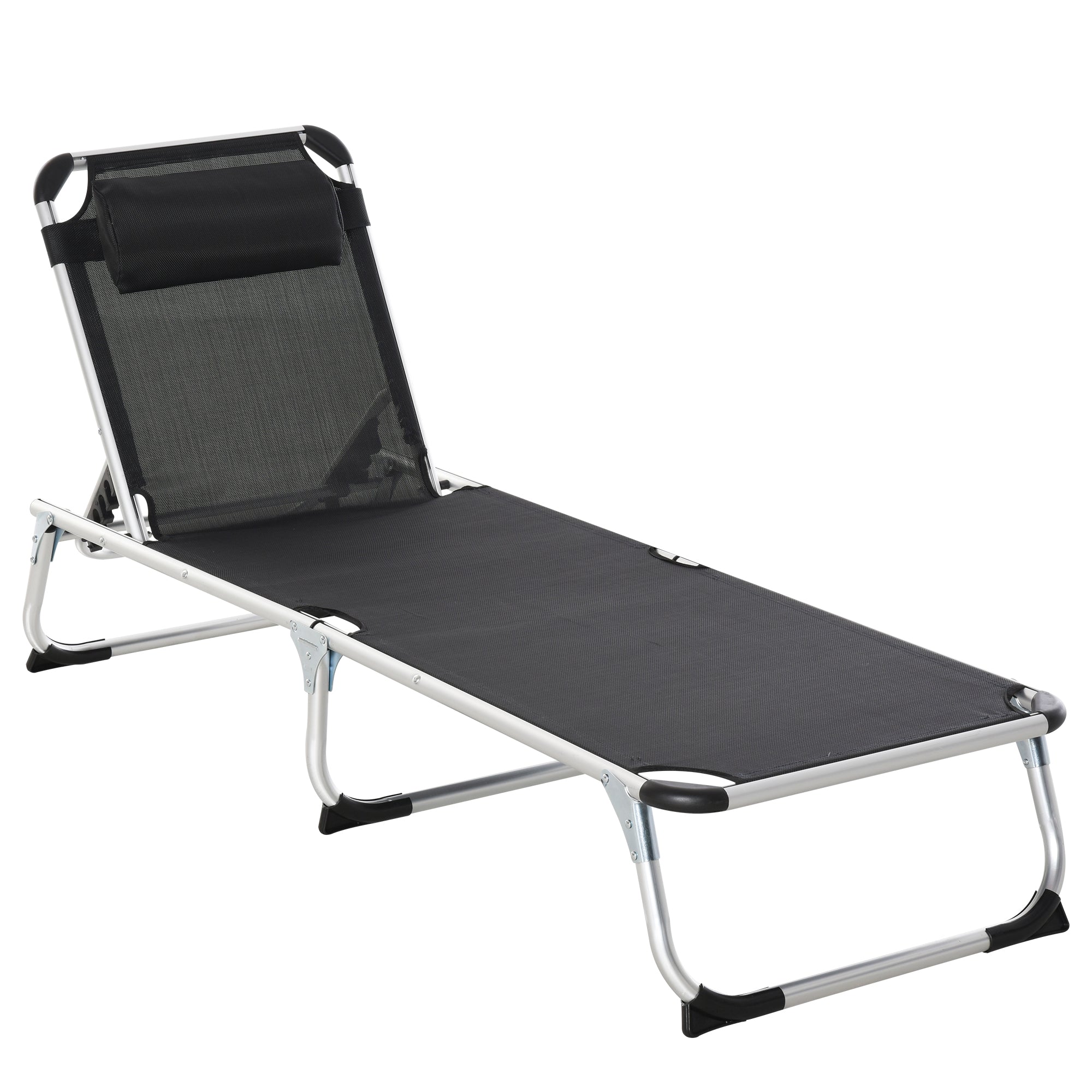 Outsunny Foldable Outdoor Sun Lounger, Reclining Lounge Chair Camping Bed Cot with Pillow 4-Level Adjustable Back Aluminium Frame, Black