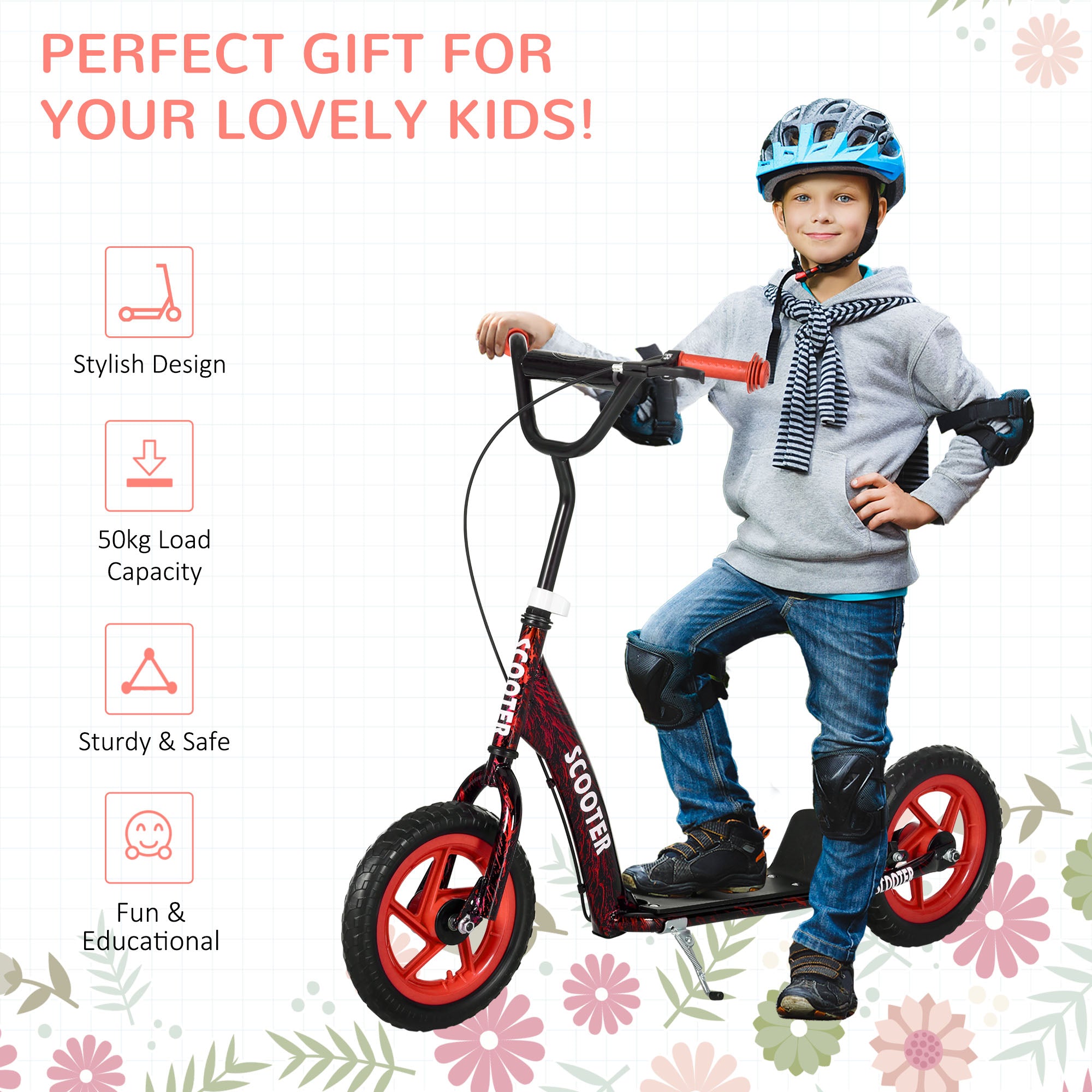 AIYAPLAY Kids Scooter with Adjustable Handlebar, Children's Kick Scooter with Non-slip Footplate, Rear Brake, Kickstand, Red - North Peak Garden Furniture