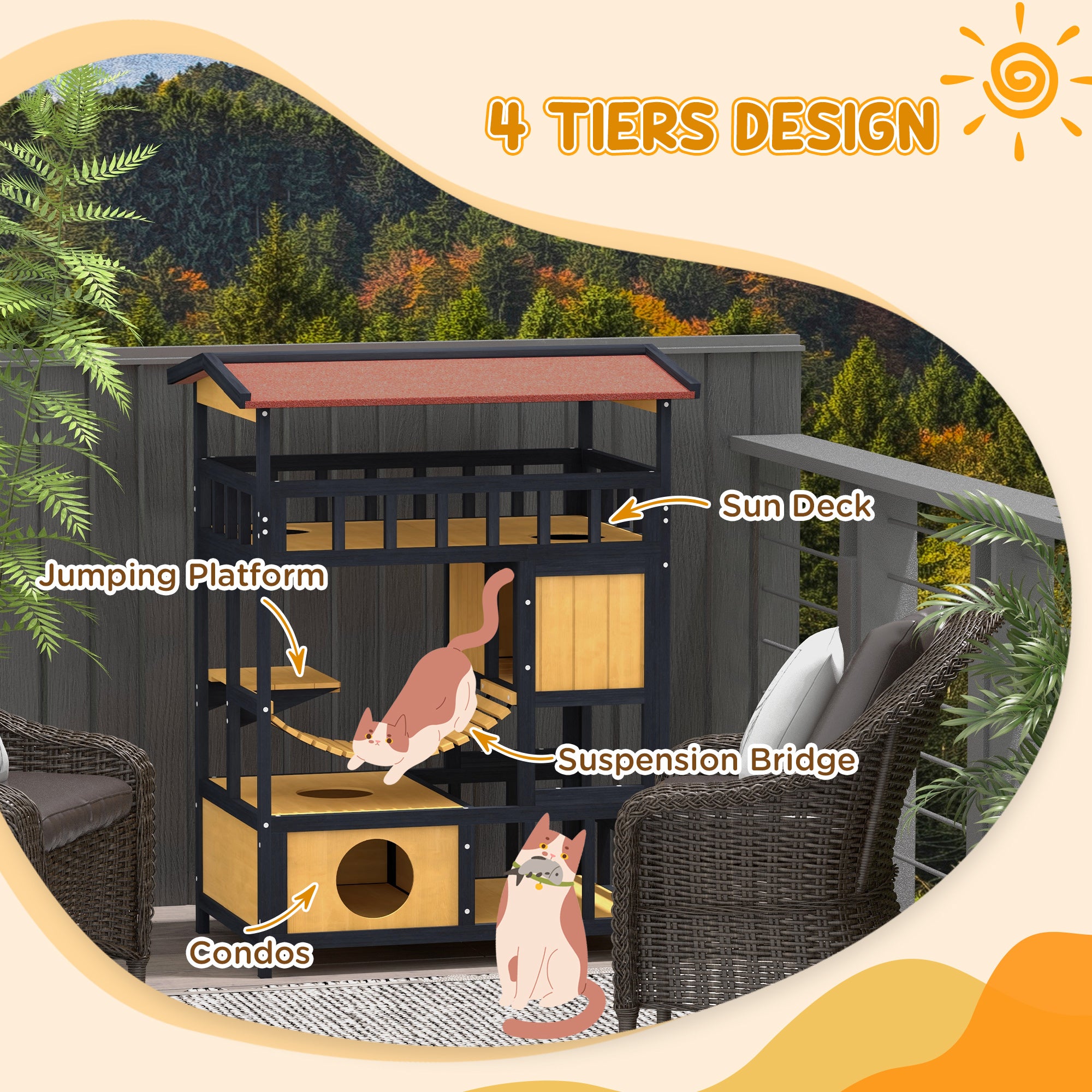 PawHut Outdoor Cat Shelter, Four-Tier Wooden Feral Cat House, with Suspension Bridge, Cat Houses, Balcony, Escape Doors