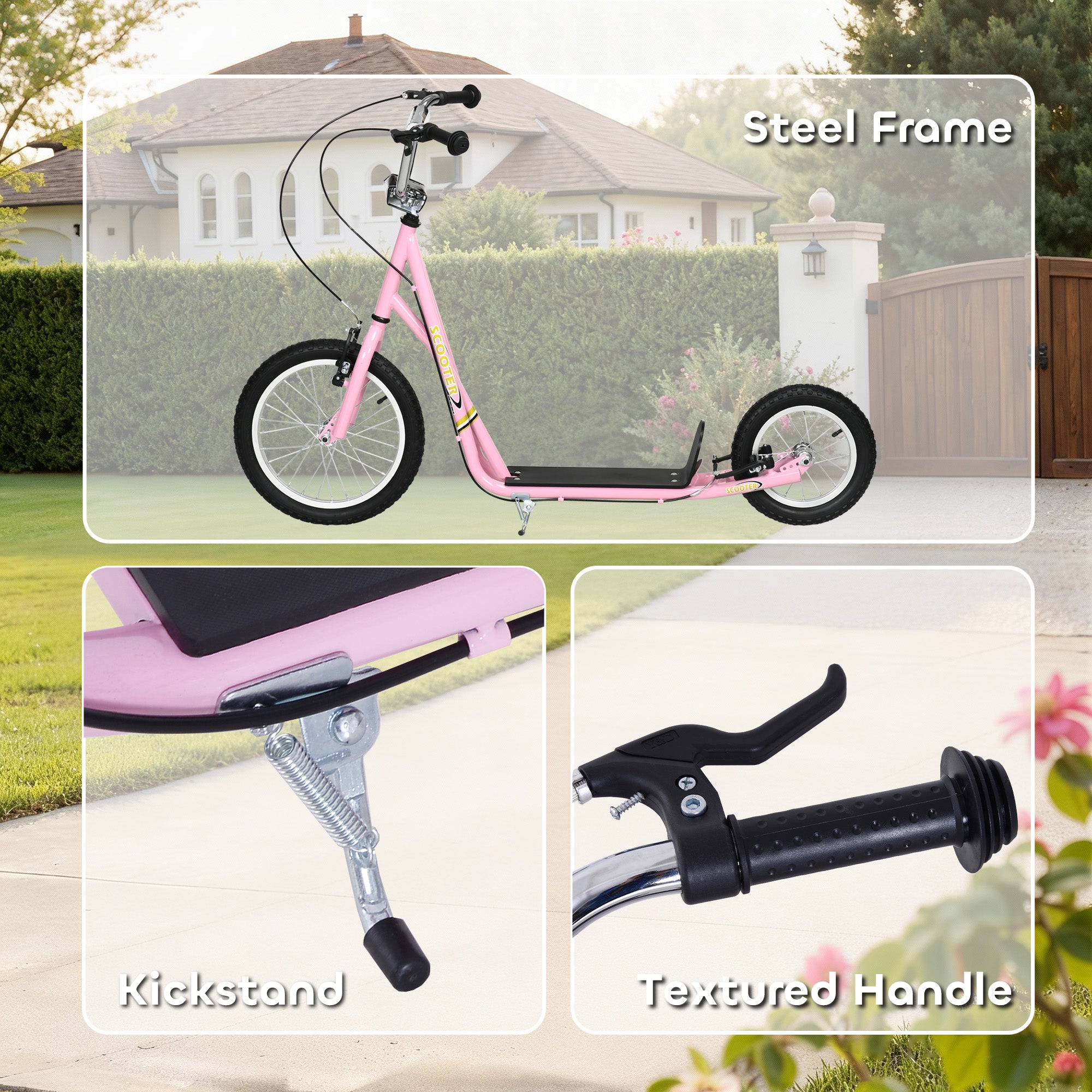 HOMCOM Teen Stunt Scooter Push Kick Scooters for Kids with Rubber Wheels Adjustable Handlebar Front Rear Dual Brakes Kickstand, for 5+ Years, Pink