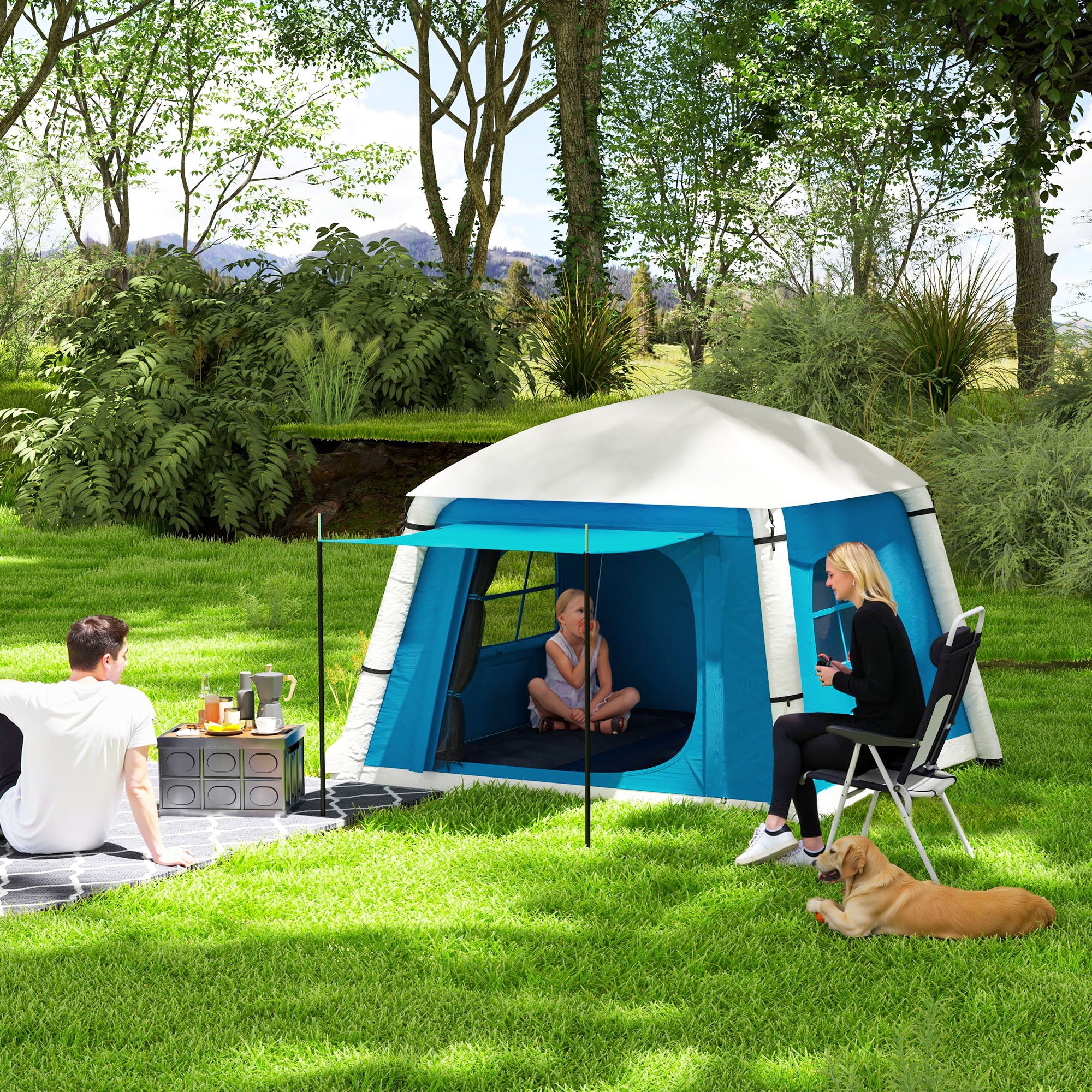 Outsunny Inflatable Camping Tent w/ Hand Pump, Easy Setup 1/2 Person Blow Up Tent Waterproof 190T Taffeta w/ Mesh Windows, Doors and Carry Bag, Light Blue - North Peak Garden Furniture