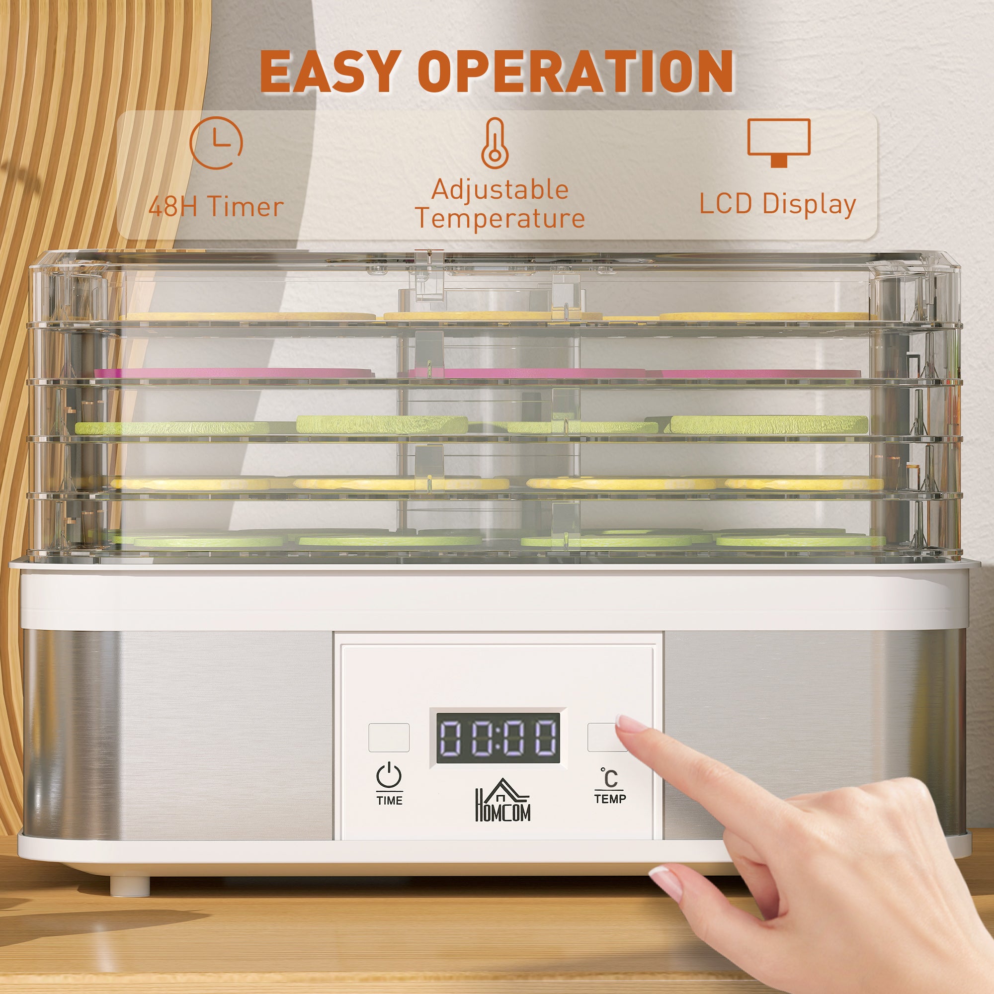 HOMCOM 5 Tier Food Dehydrator, 245W Stainless Steel Food Dryer Machine with Adjustable Temperature, Timer and LCD Display for Drying Fruit, Meat, Vegetable, Jerky and Pet Treat, White - North Peak Garden Furniture