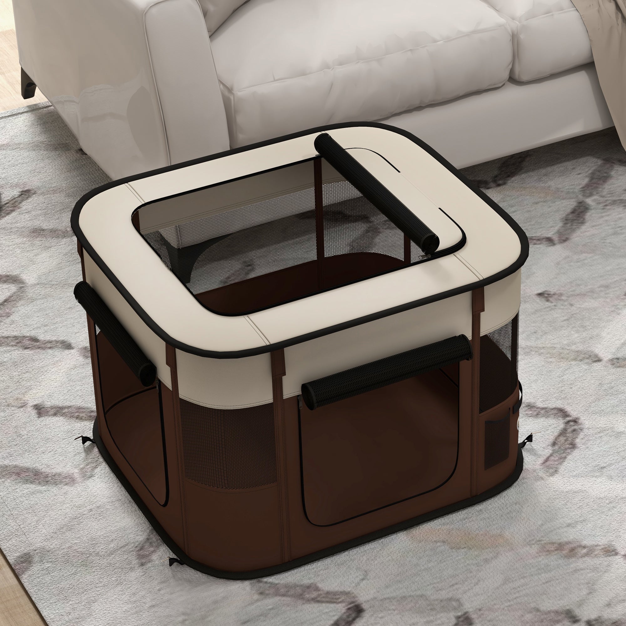 PawHut Foldable Dog Pen with Storage Bag for Indoor/Outdoor Use, Portable Pet playpen, with Ground Stakes - Brown - North Peak Garden Furniture