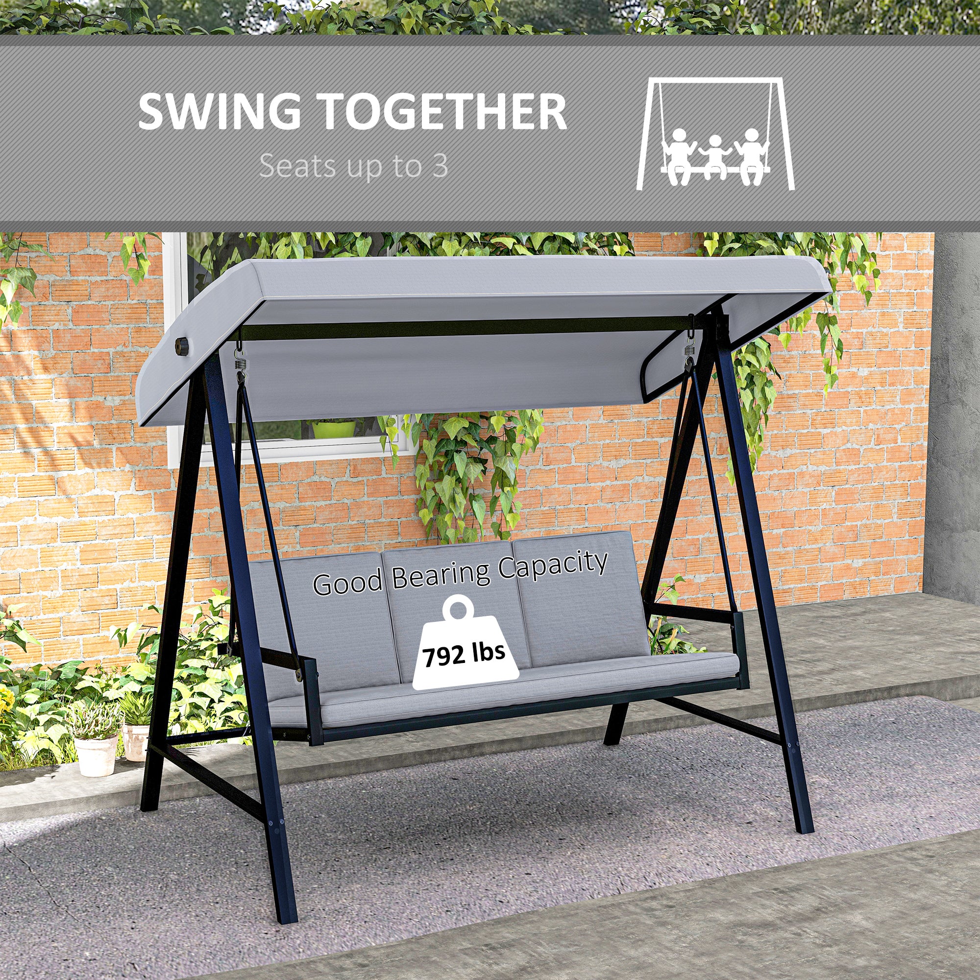 Outsunny Three-Seat Garden Swing Chair, with Adjustable Canopy - Grey - North Peak Garden Furniture