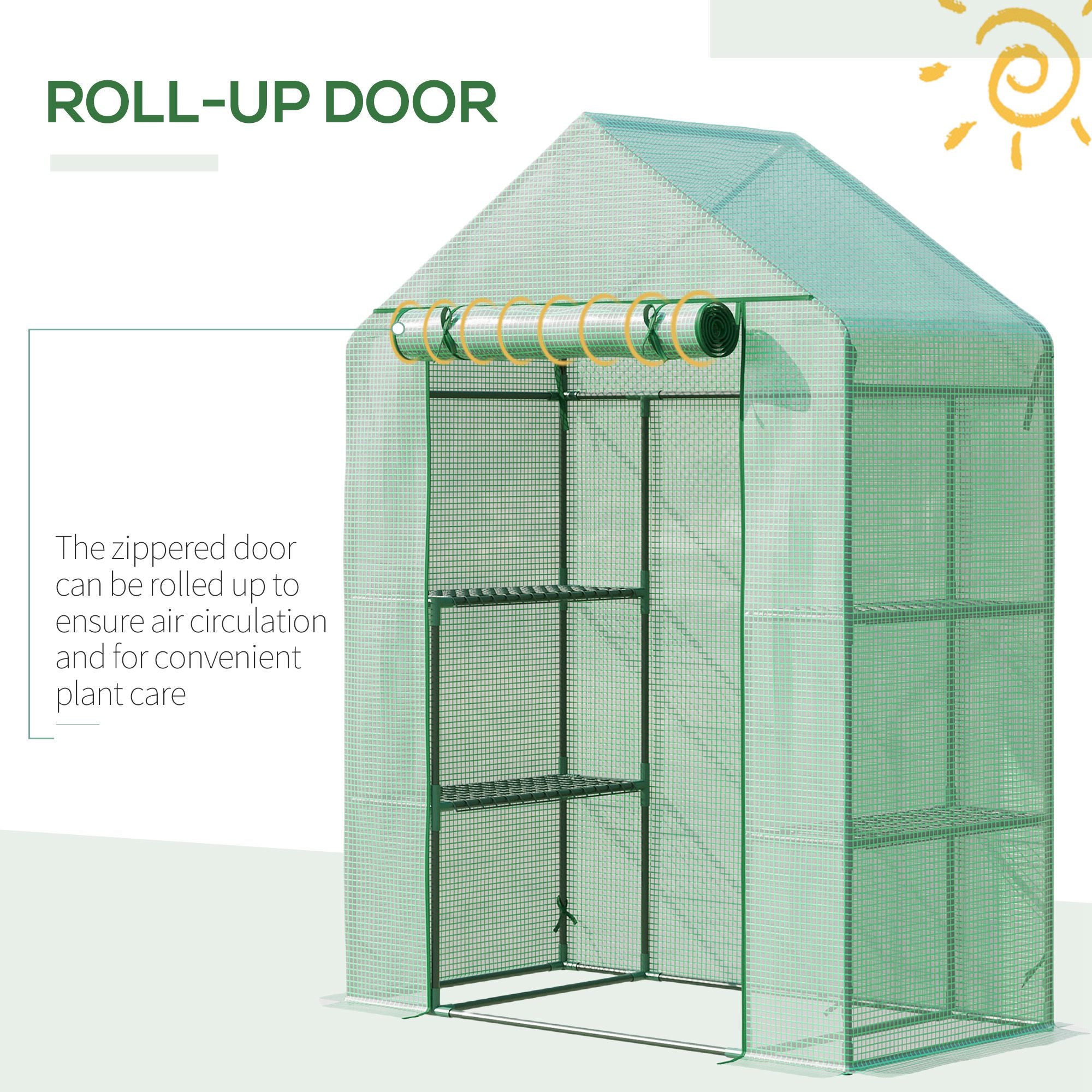 Outsunny Walk In Greenhouse for Outdoor, Portable Gardening Plant Grow House with 2 Tier Shelf, Roll-Up Zippered Door, PE Cover, 141 x 72 x 191cm, Green