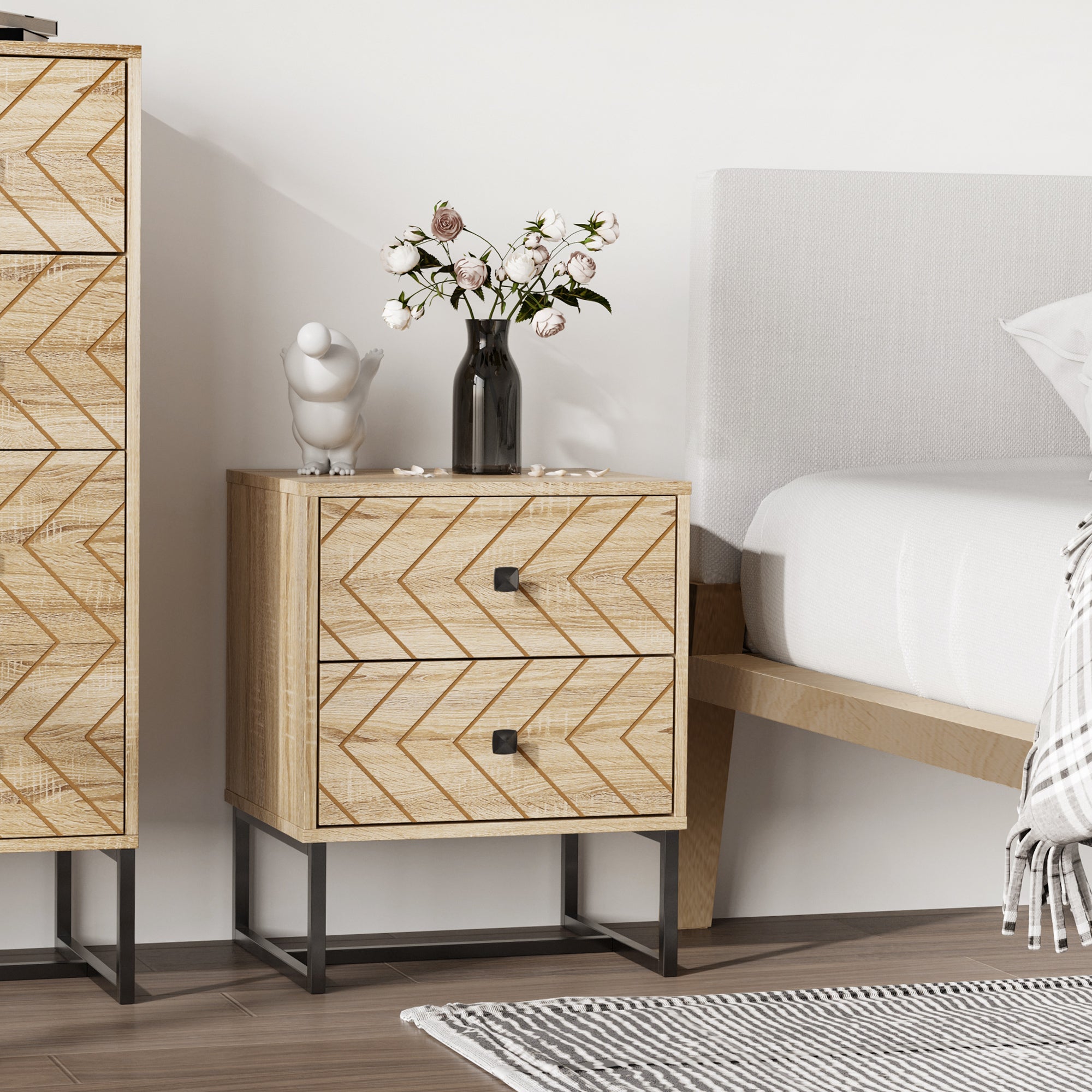 HOMCOM Bedside Table Nightstand Two-Drawer Bedroom Storage Unit Zig Zag Design with Black Metal Handles, Natural - North Peak Garden Furniture