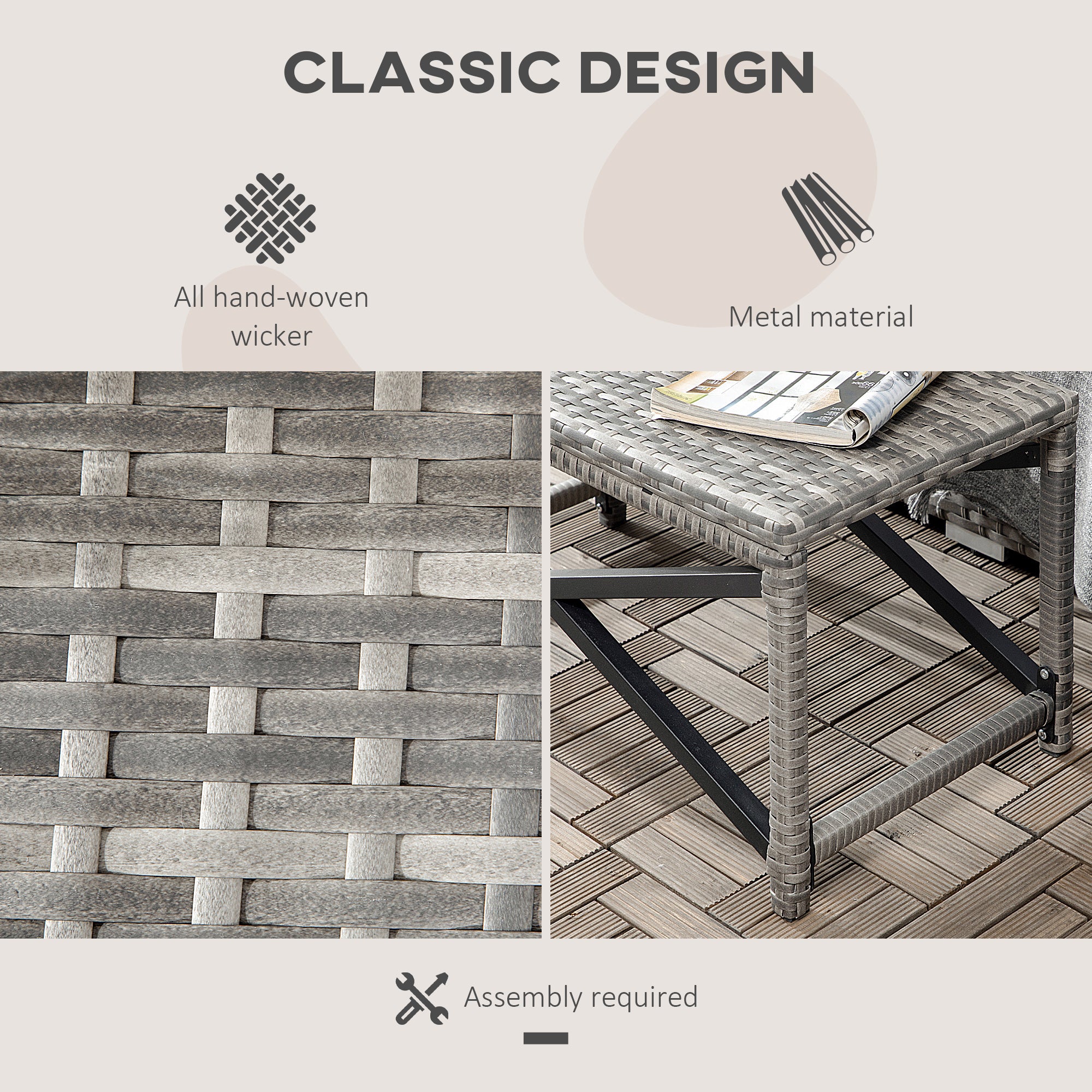 Outsunny Outdoor Coffee Table, Garden PE Rattan Side Table with Plastic Board Under the Full Woven Table Top and X-Shape Frame for Patio, Balcony, Mixed Grey - North Peak Garden Furniture
