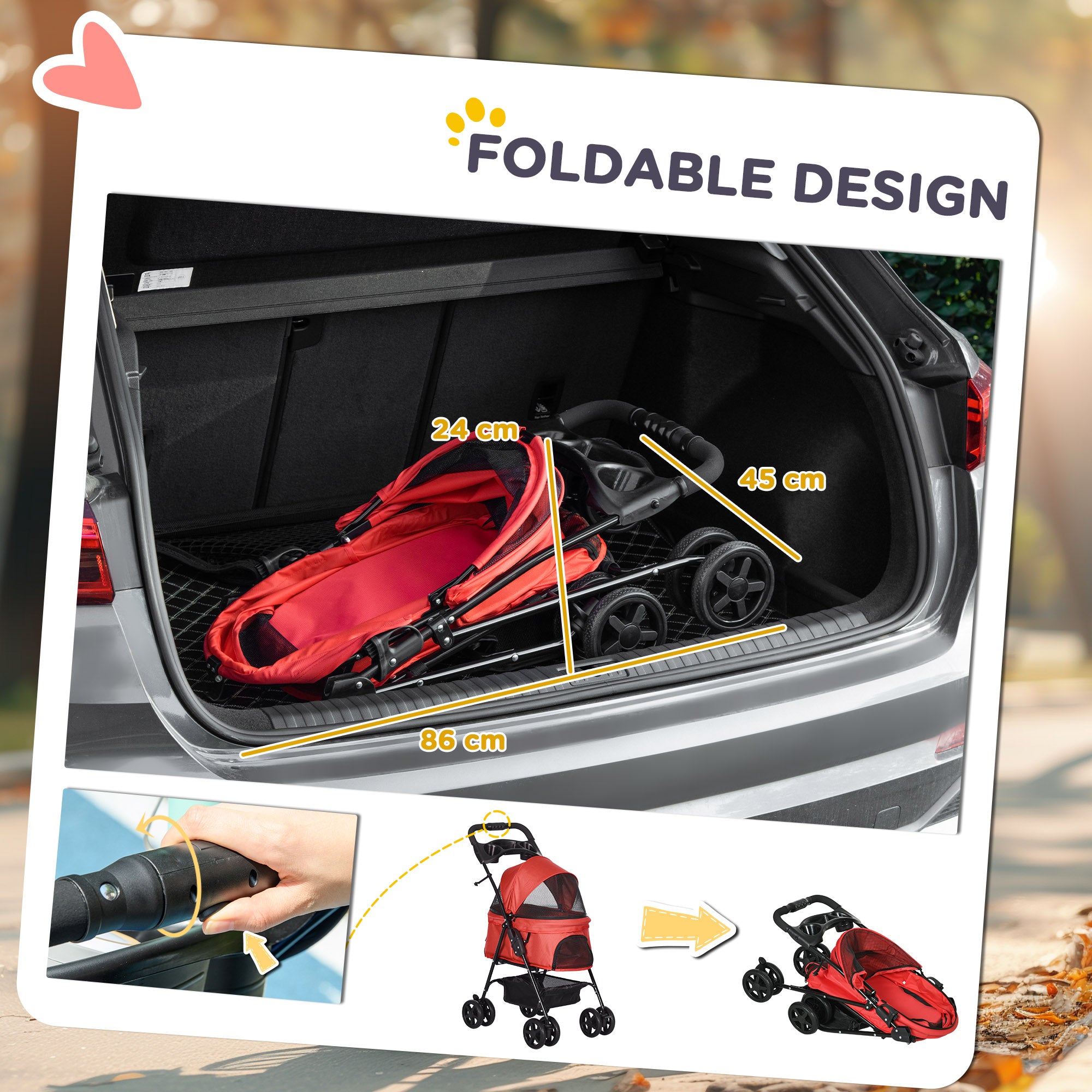 PawHut Dog Pram Dog Stroller Foldable Pet Pushchair with 4 Wheels, Safety Leashes, Cup Holder for Small Dogs, Red - North Peak Garden Furniture