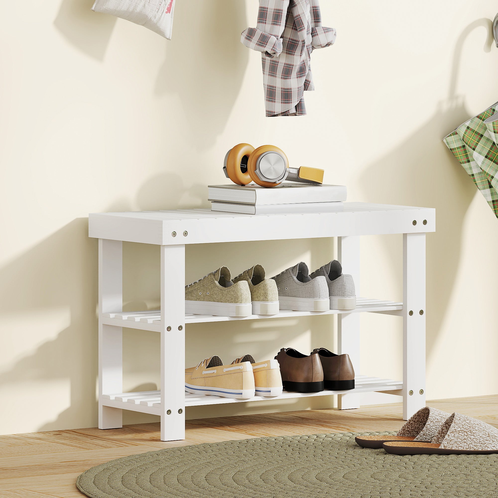 HOMCOM Two Shelf Bamboo Shoe Storage Bench - White