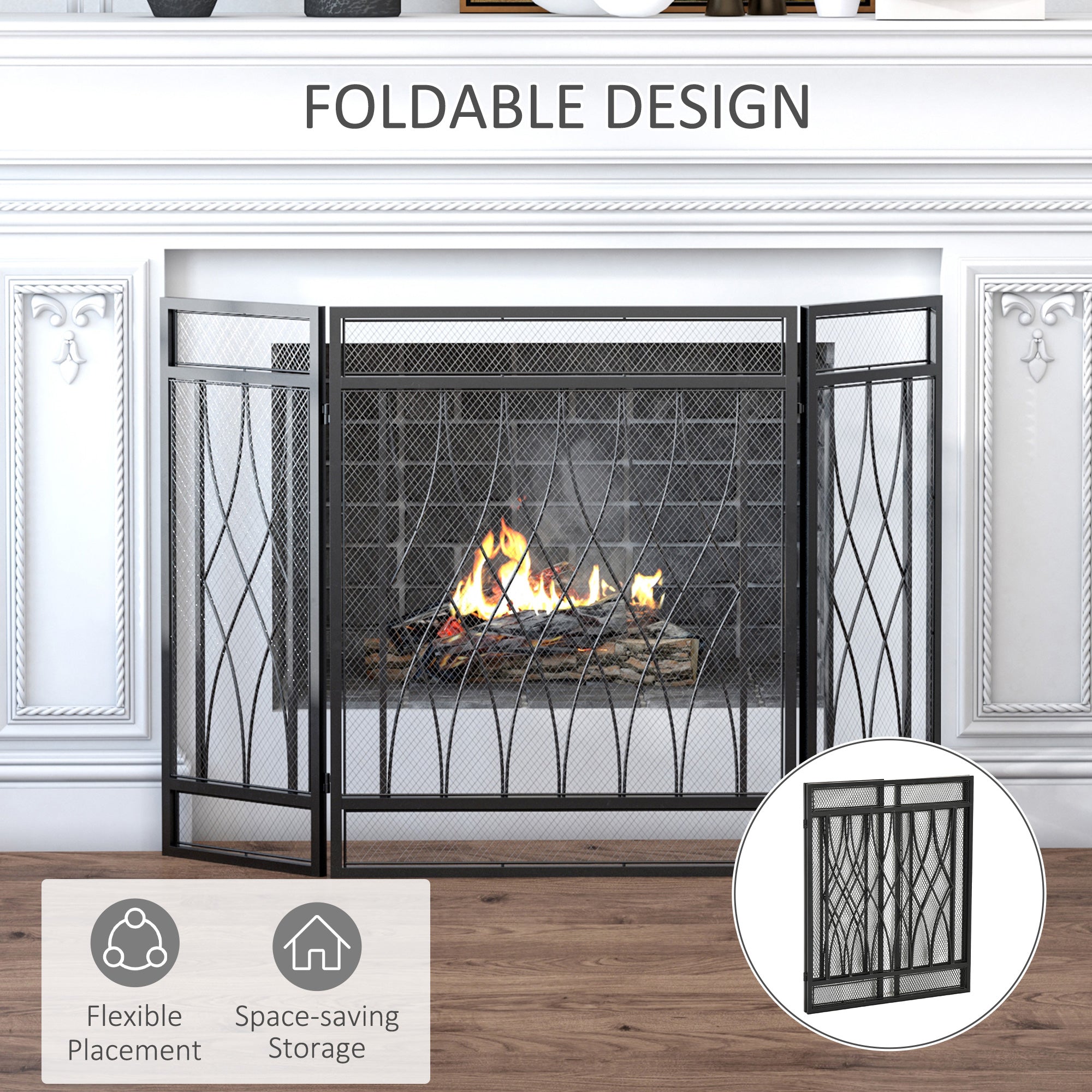 HOMCOM 126cm 3-Panel Metal Folding Fireplace Screen Heat Flame Protective Guard Child Pet Home Spark Barrier Surround w/ Mesh Pattern